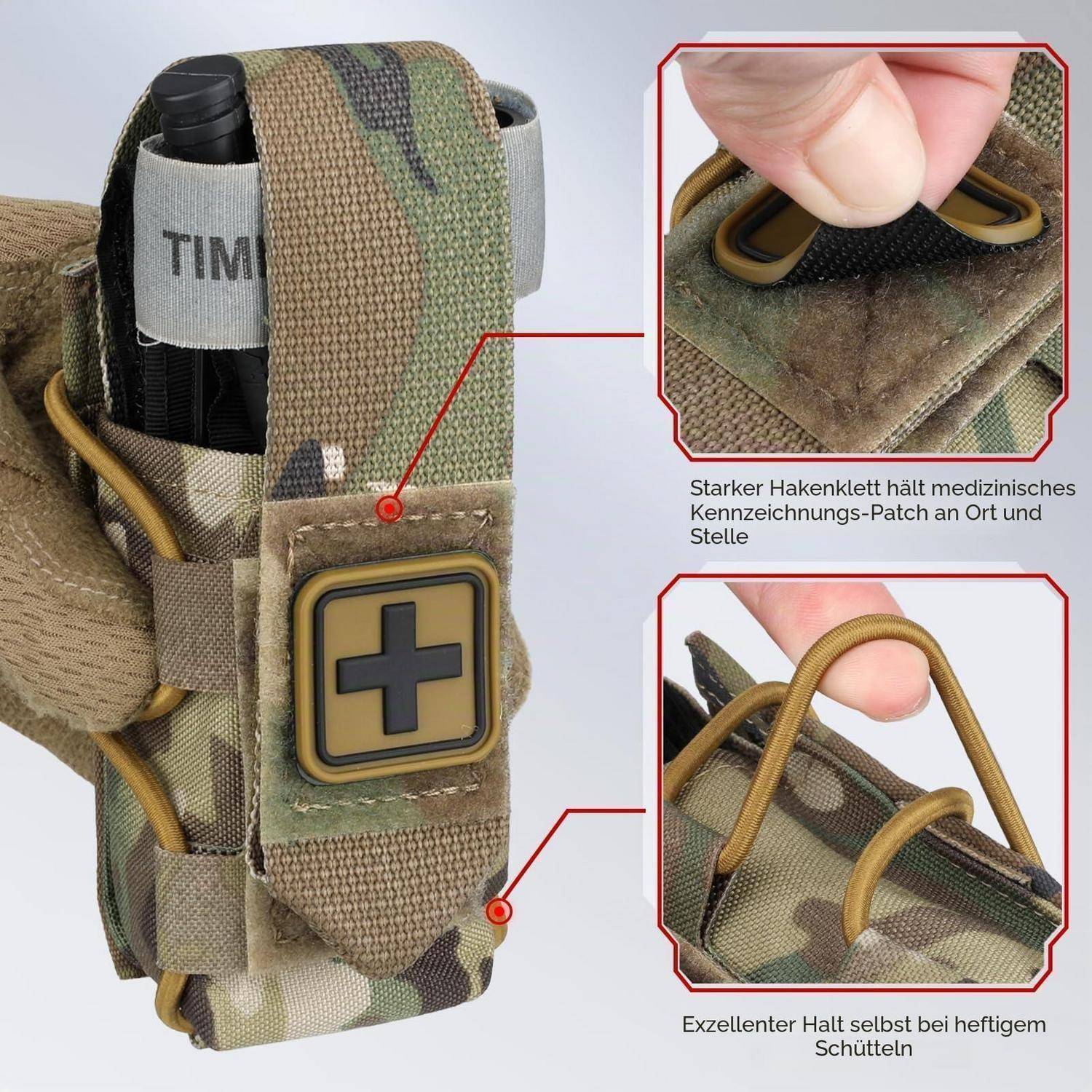 Tarnrucksack mit medizinischem Kreuzflicken auf einem Riemen, dargestellt mit Nahaufnahmen eines Hakenverrieglers und eines elastischen Seils, das den Flicken sichert.