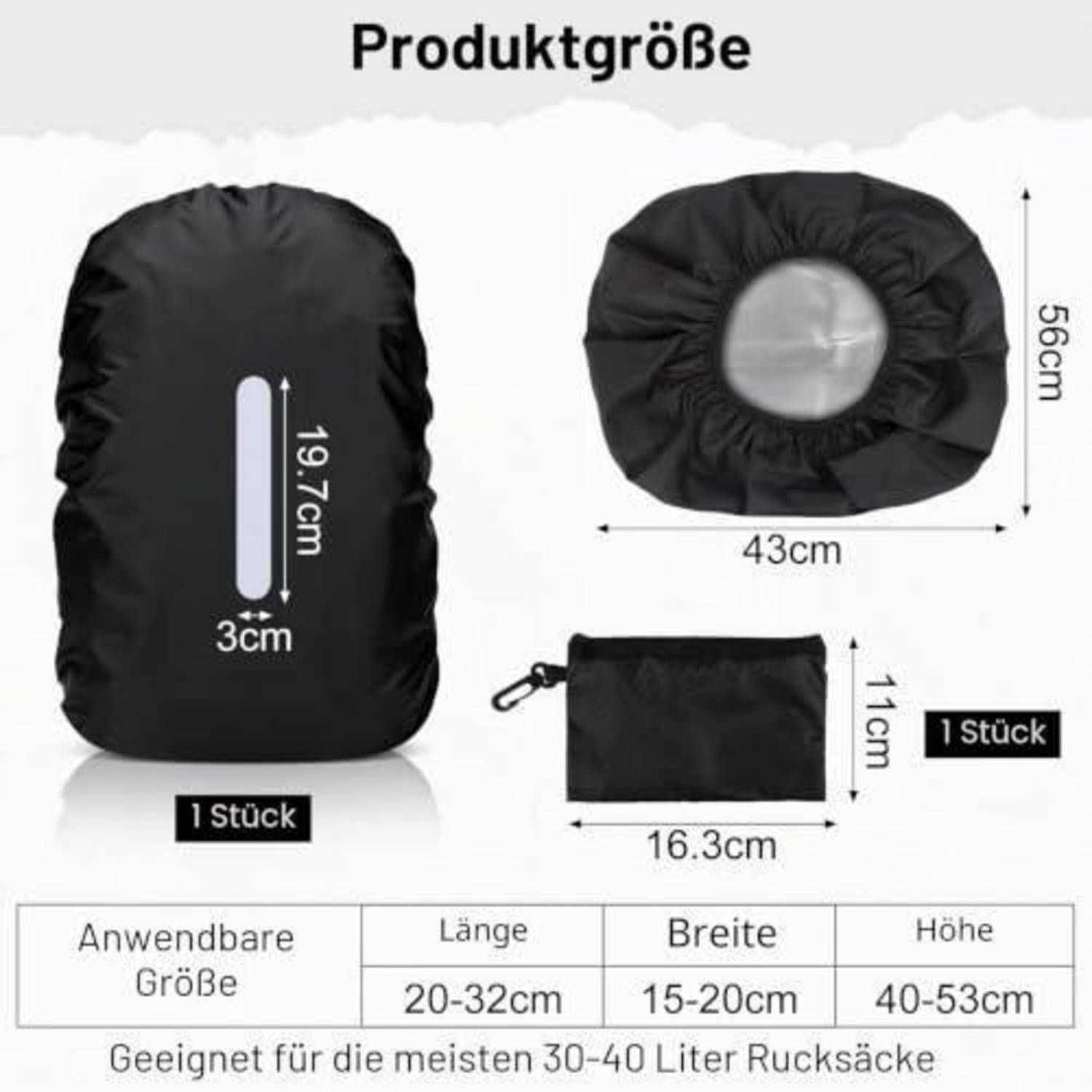 Produktgrößendiagramm mit einer schwarzen Regenschutzhaube für Rucksäcke und ihrem Beutel, mit den Abmessungen: Haube 56 cm x 43 cm, Öffnung 19,7 cm, Beutel 16,3 cm x 11 cm; passt auf die meisten 30–40 L Rucksäcke.