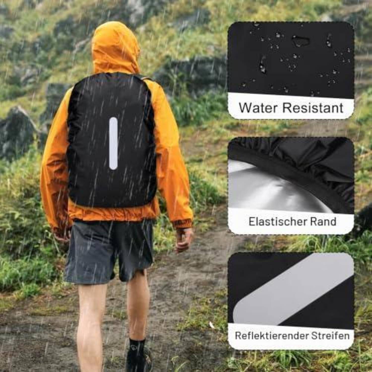 Person trägt eine orangefarbene Regenjacke und Rucksackschutz bei starkem Regen; Einsatzbezeichnungen zeigen "Wasserabweisend"", ""Elastischer Rand"" und ""Reflektierender Streifen"".