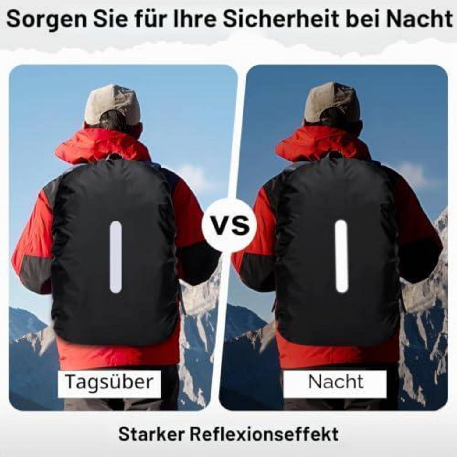 Nebeneinander-Vergleich einer Jacke mit einem starken reflektierenden Streifen, gezeigt bei Tageslicht und nachts, beschriftet mit „Tagsüber" und „Nacht"" mit „Starker Reflexionseffekt"" und einer Sicherheitsbotschaft zur Nachtsichtbarkeit.