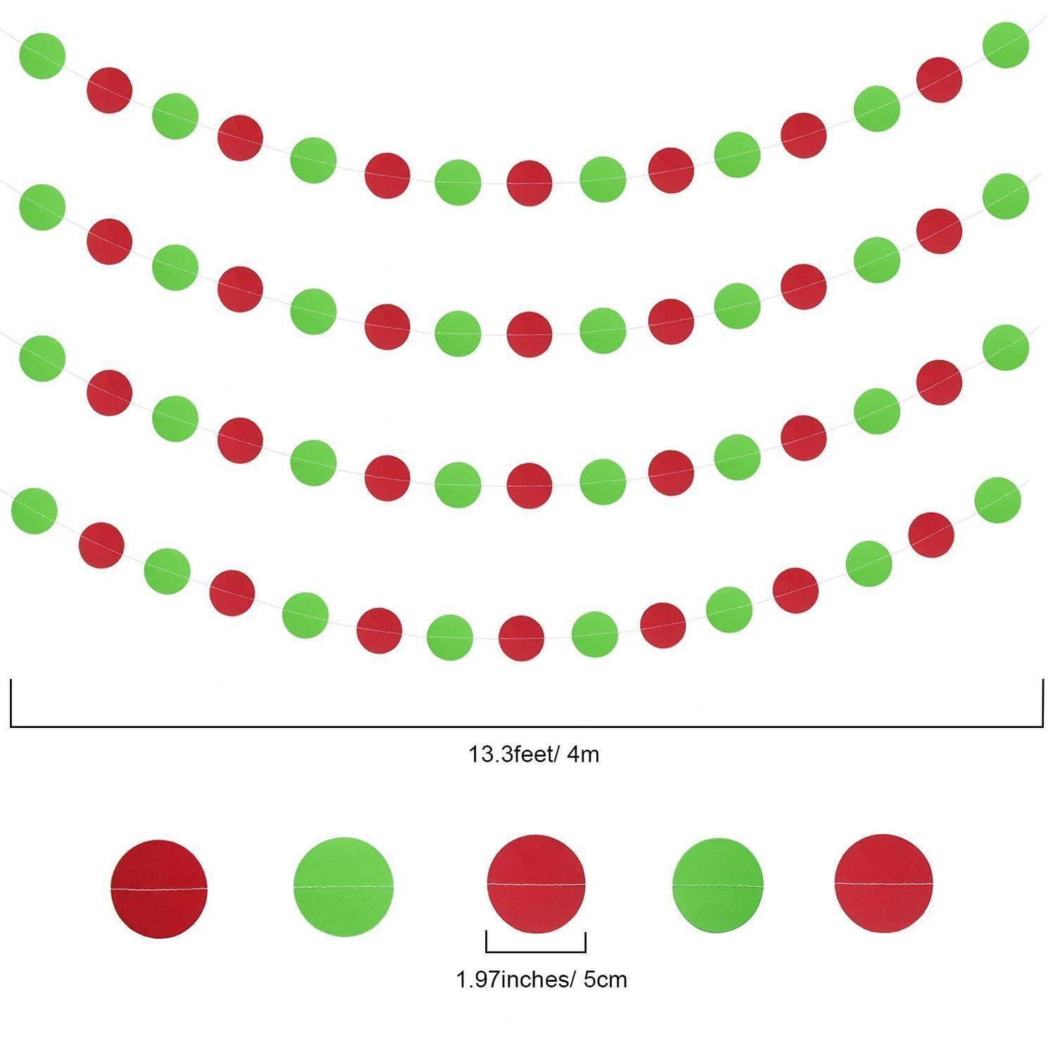 Grafik mit vier Reihen von roten und grünen hängenden Kreisen, 13,3 Fuß oder 4 m lang, wobei jeder Kreis 1,97 Zoll oder 5 cm breit ist.