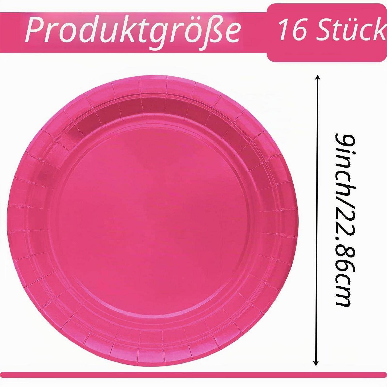 Rosa Papiertellerproduktbild mit 16 Stück, mit der Größe 9 Zoll/22,86 cm gekennzeichnet.