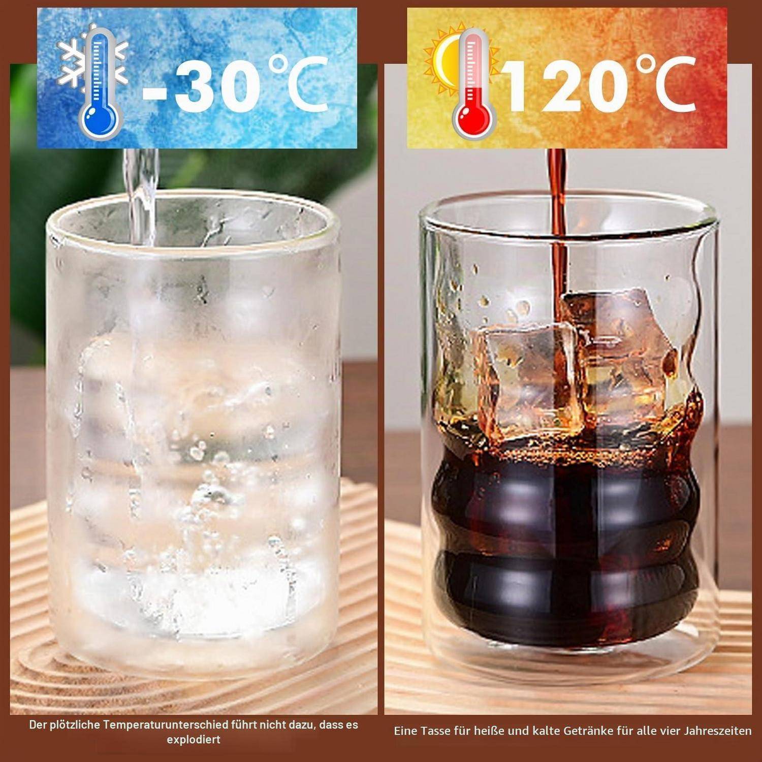 Das geteilte Bild zeigt ein frostiges Glas, das bei -30°C gefüllt wird, und ein heißes Getränk mit Eis bei 120°C, was eine temperaturbeständige Glastasse veranschaulicht.