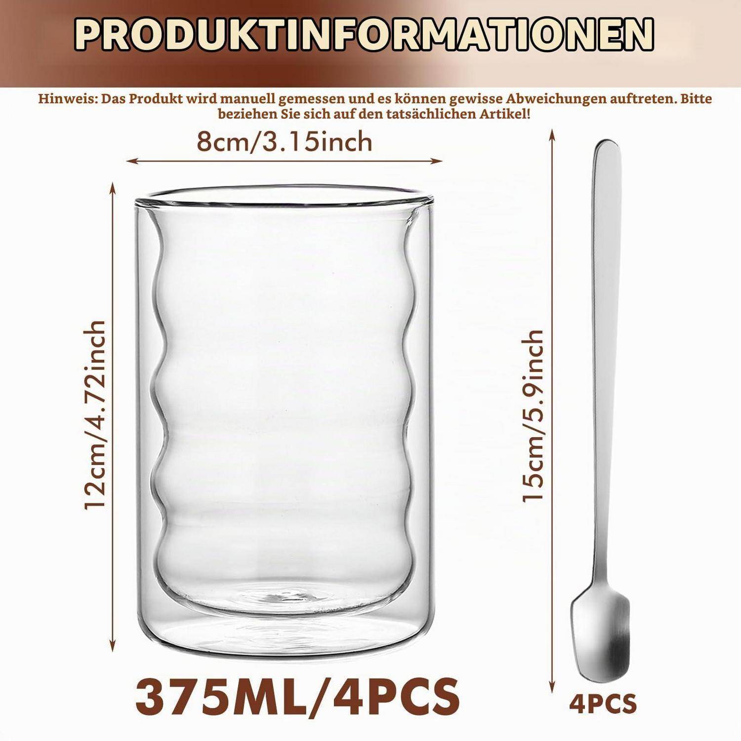 Produktinformationsgrafik mit einem klaren 375-ml-Glassatz aus 4 Teilen; Tasse ist 12 cm hoch und 8 cm breit, Löffel ist 15 cm lang.