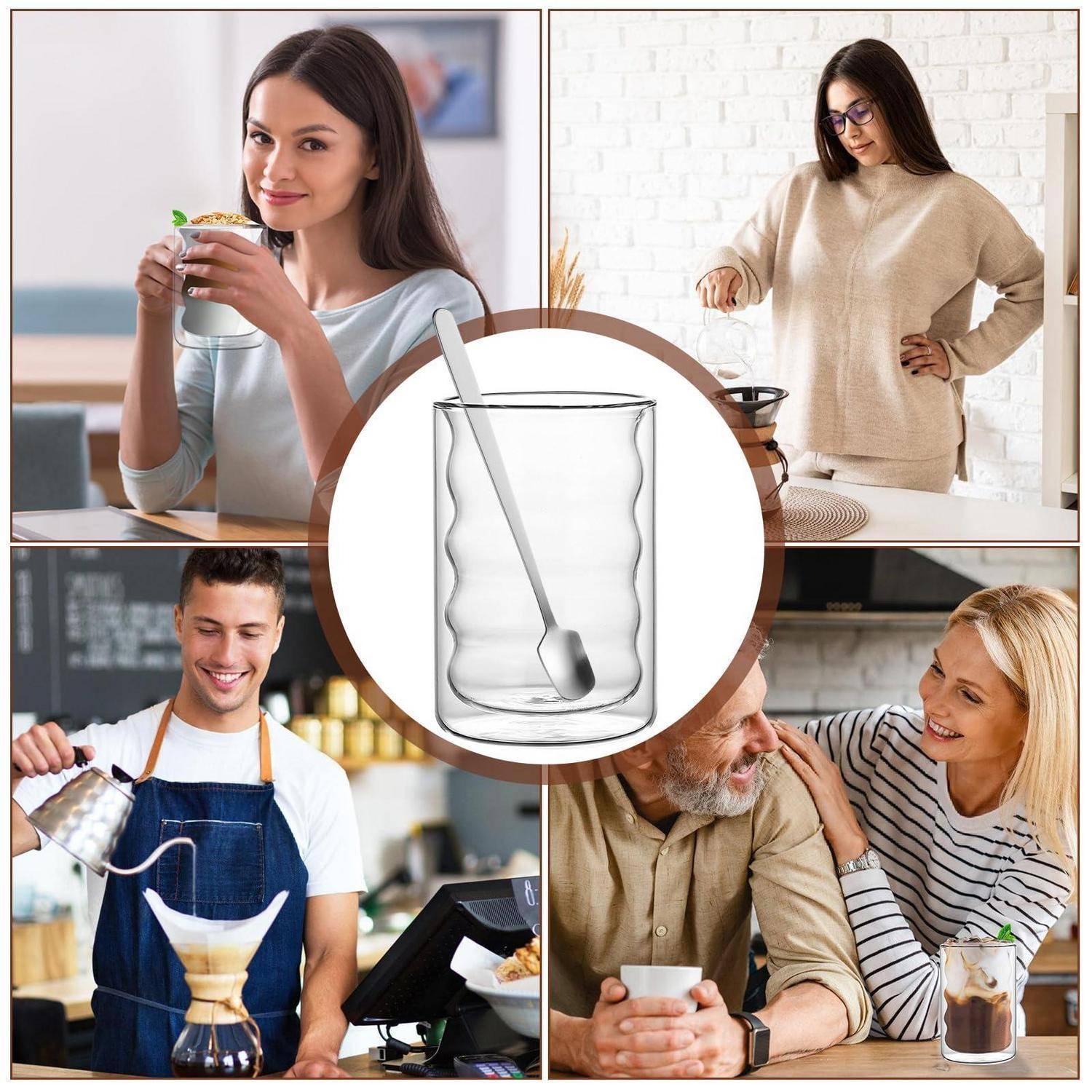 Collage von Menschen, die Kaffee genießen, mit einem zentralen Bild einer Glastasse und einem Löffel, das Kaffee-Zubereitung oder Servieren andeutet.