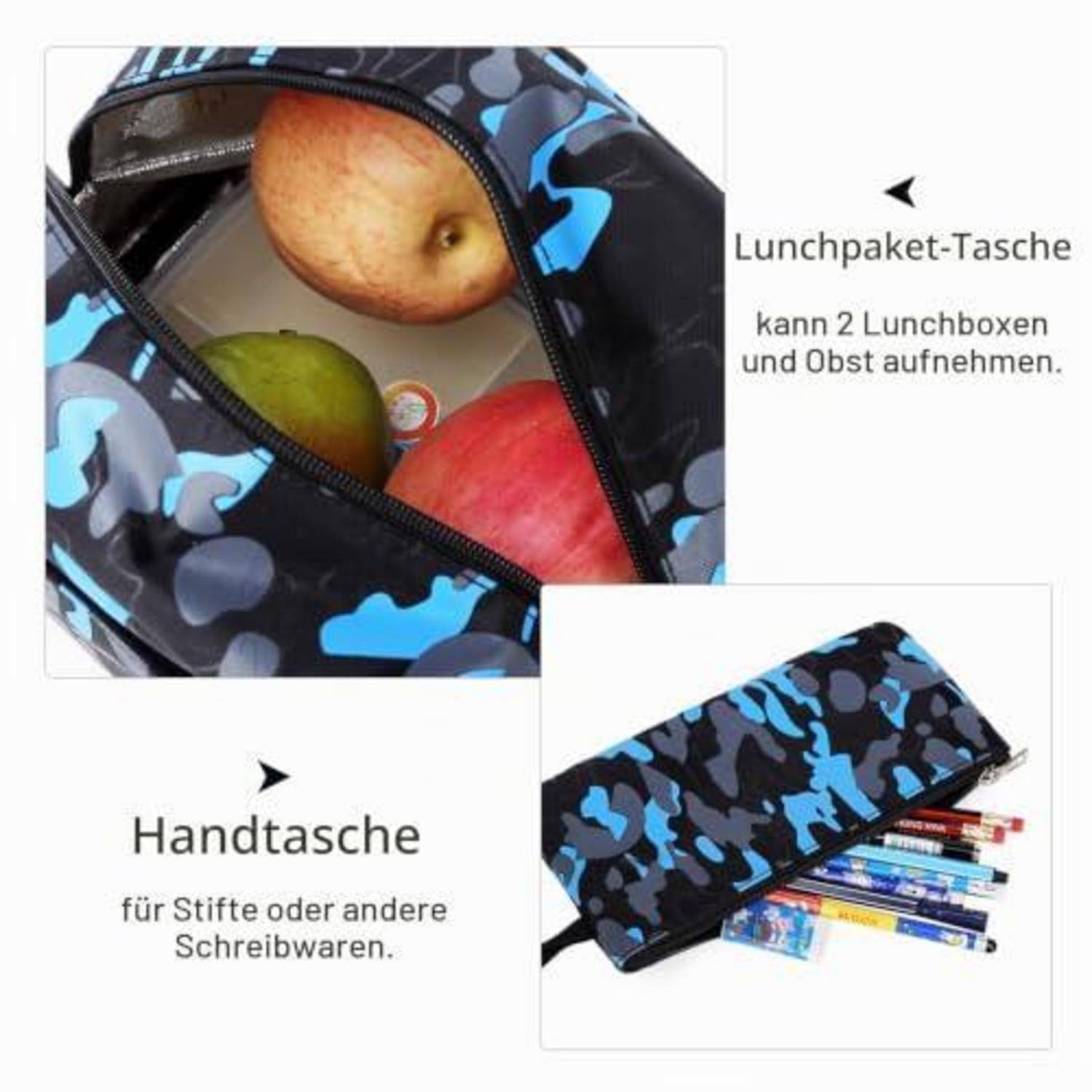 Camouflage-Lunchbeutel oder Federtasche, die Lunchboxen, Obst und Stifte enthält, auf Deutsch als „Lunchpaket-Tasche" und „Handtasche"" bezeichnet.
