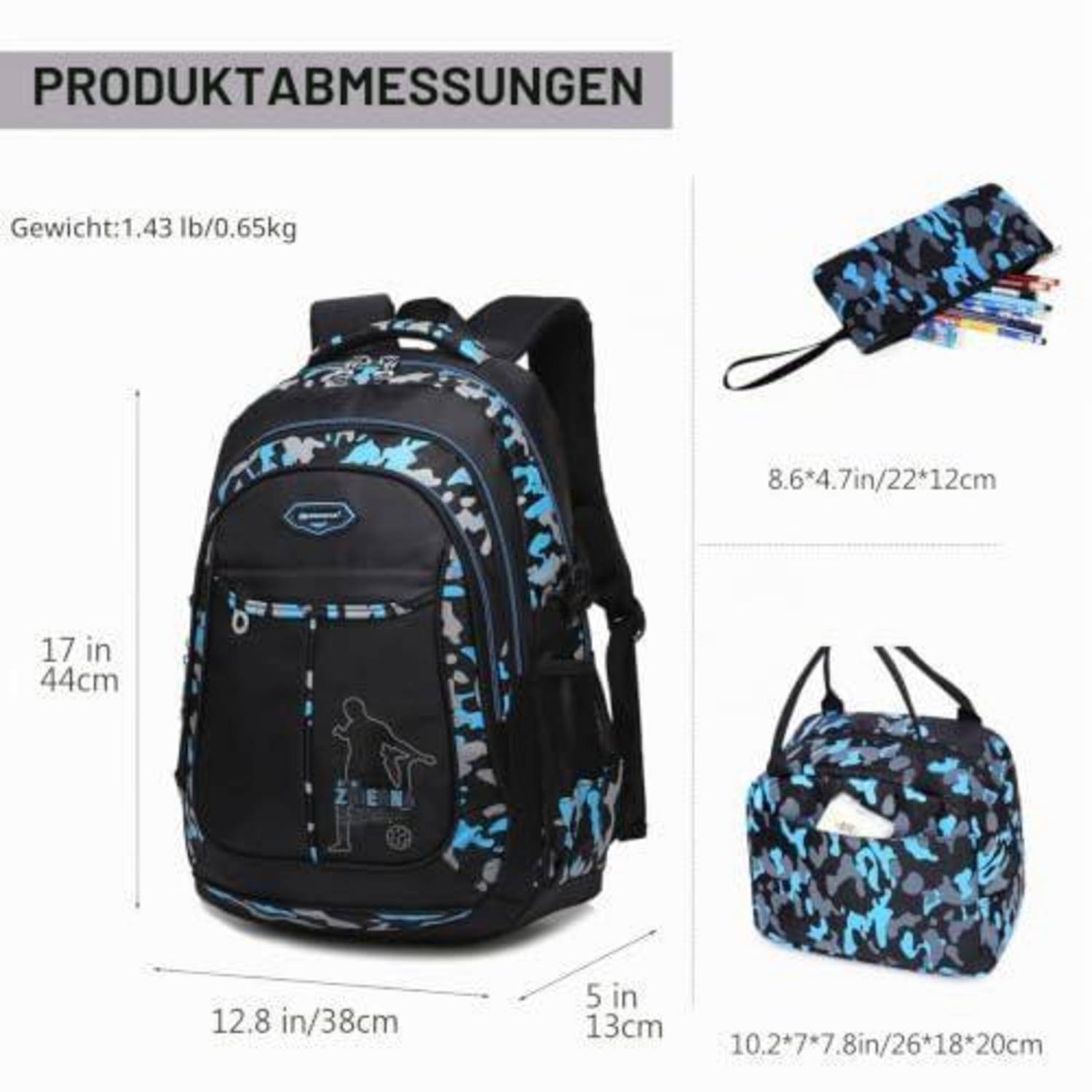 Produktmaße für einen blauem Tarnung-Rucksack: 17 Zoll Höhe, 12,8 Zoll Breite, 5 Zoll Tiefe; Gewicht 1,43 lb/0,65 kg; Federmäppchen 8,6 x 4,7 Zoll und Lunchbag 10,2 x 7,8 Zoll.