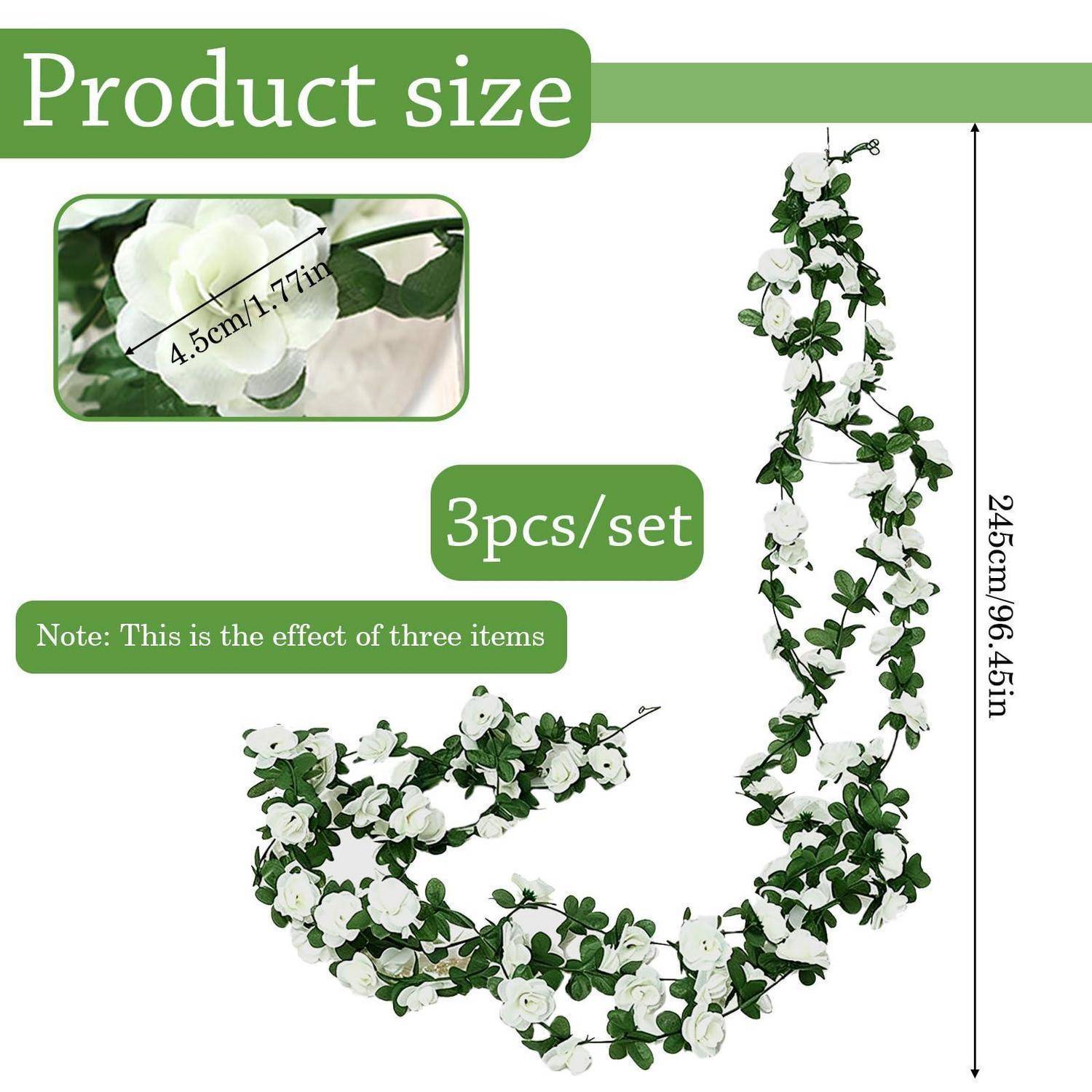 Produktgrößen-Grafik für ein 3-teiliges Set aus weißen Blumen- und grünen Blatt-Girlanden, das zeigt, dass jedes Teil 245 cm (96,45 Zoll) lang ist und die Blumengröße 4,5 cm (1,77 Zoll) beträgt.