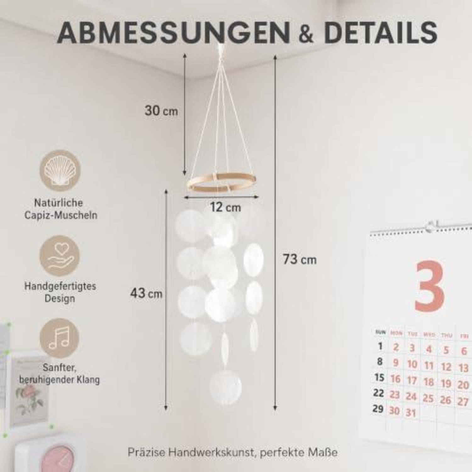 Windspiel Muschel Mond Blau Baumwollseil 55cm