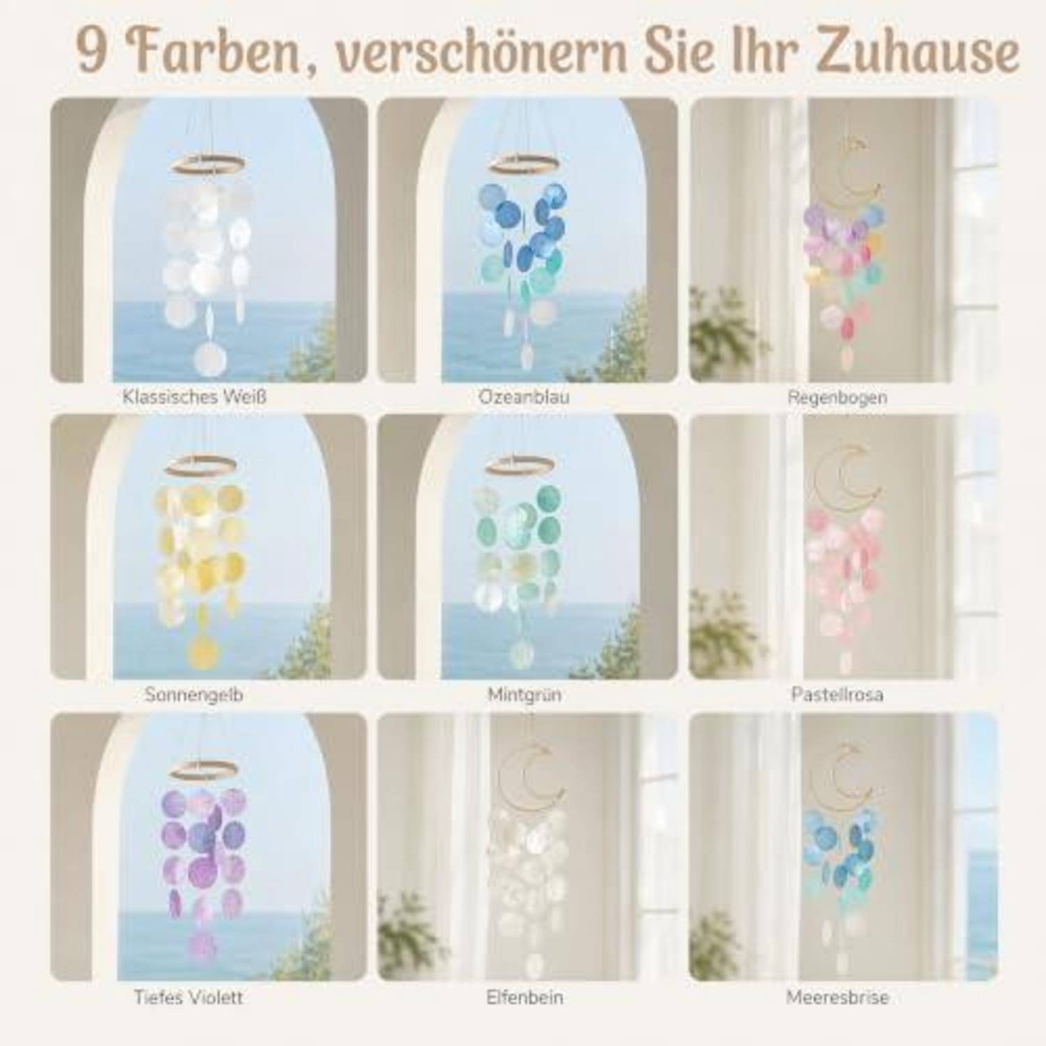 # Deutsches Angebot mit 9 Farboptionen für hängende Windspiele mit beschrifteten Farbmustern: 'Klassisches Weiß', 'Ozeanblau', 'Regenbogen', 'Sonnengelb', 'Mintgrün', 'Pastellrosa', 'Tiefes Violett', 'Elfenbein', 'Meeresbrise'.