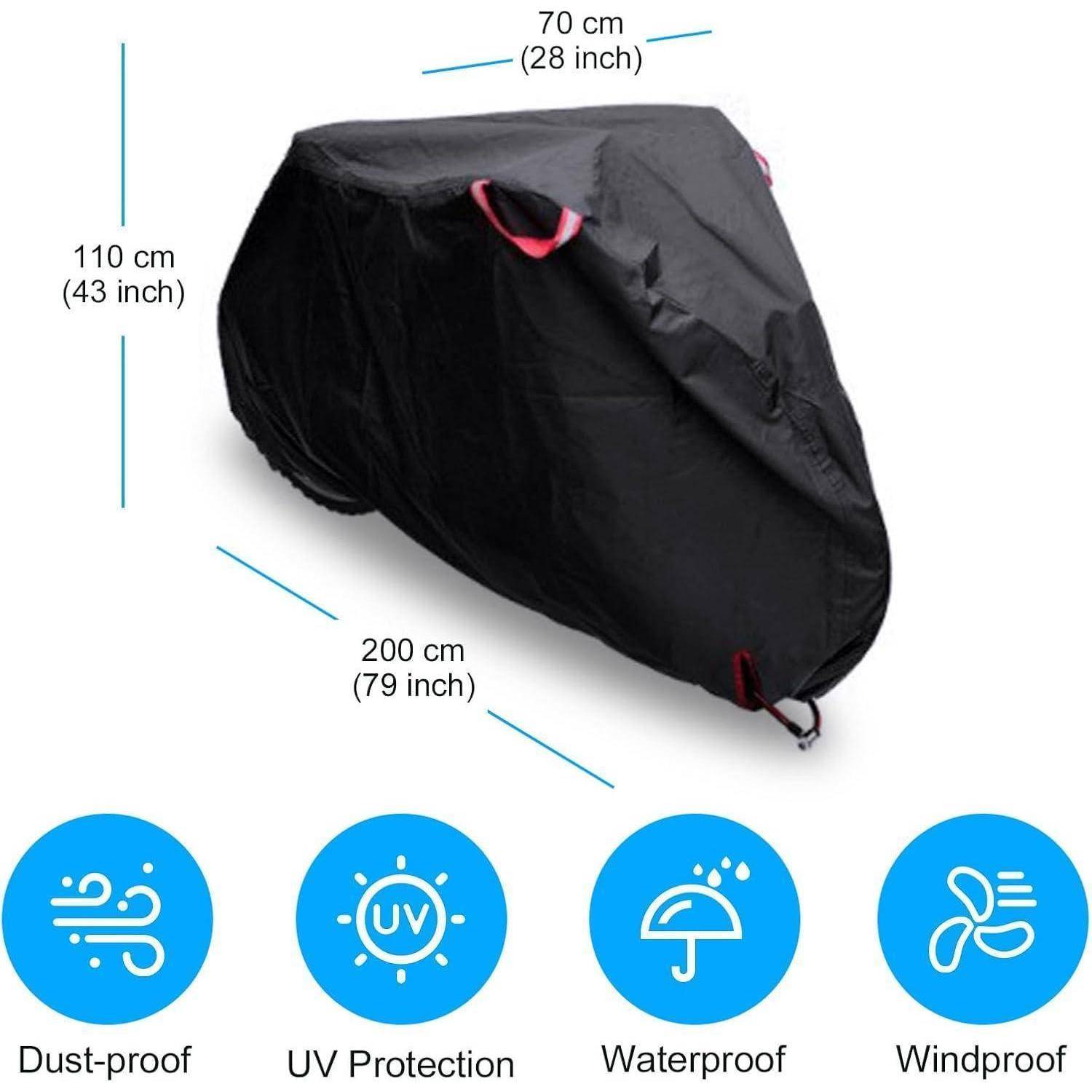Schwarze Fahrradabdeckung mit den Abmessungen 200 cm lang, 110 cm hoch und 70 cm breit; gekennzeichnet als staubdicht, mit UV-Schutz, wasserdicht und winddicht.