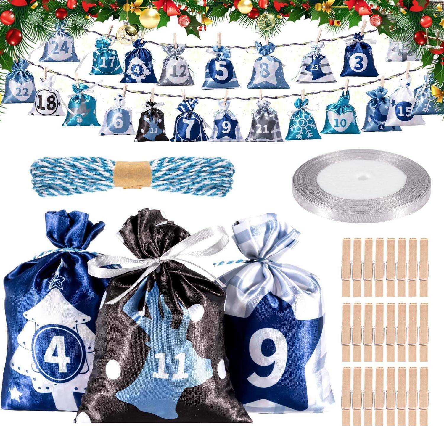Adventskalender-Bastelset mit nummerierten Stoffgeschenktüten, Schnur, Band und Holzklammern zum Aufhängen für 24-Tage-Feriensnacks.