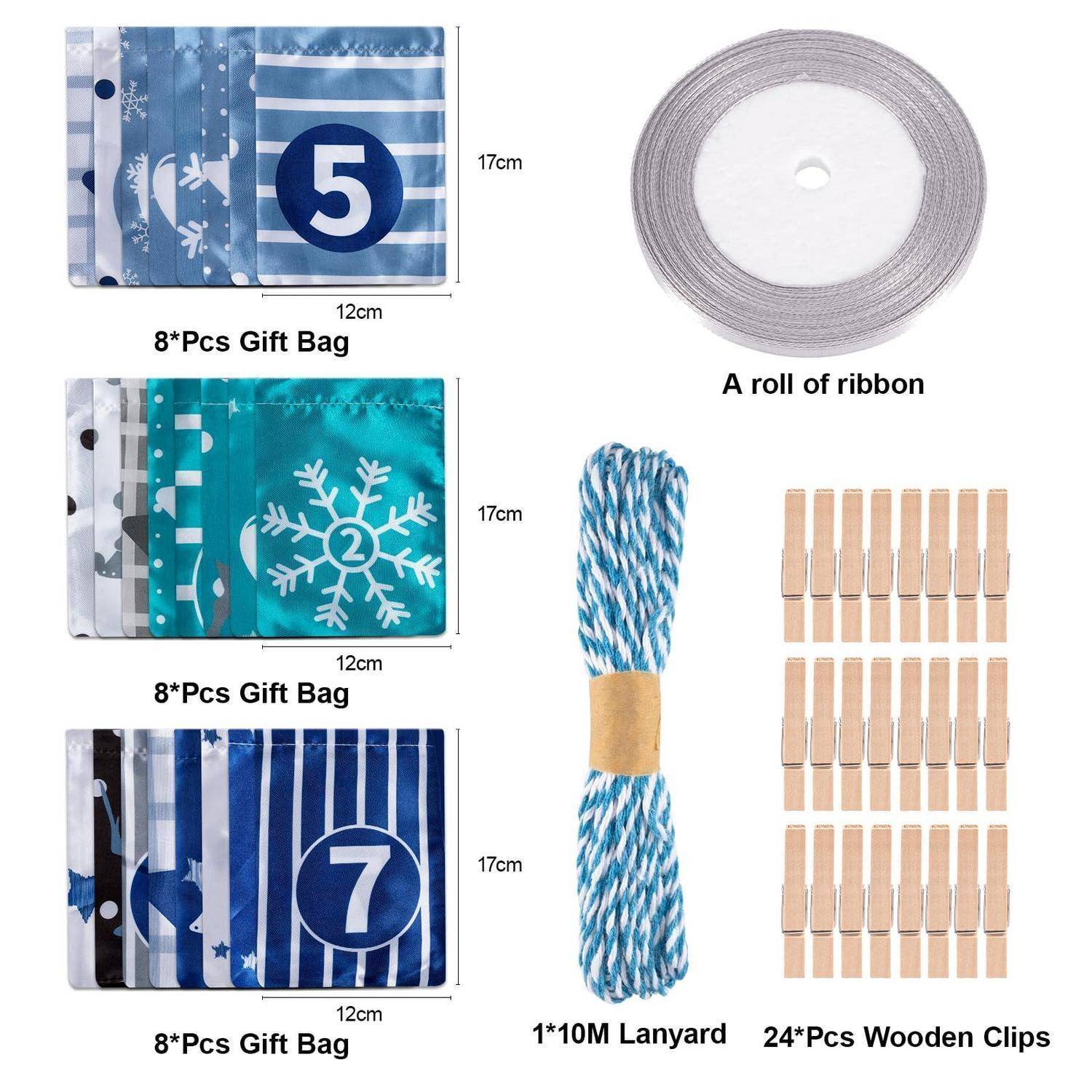Satz von Geschenkverpackungsmaterialien: drei 8er-Sets Geschenktüten-Designs, eine Spulenband, eine 10m Leine und 24 Holzclips mit Größenetiketten.