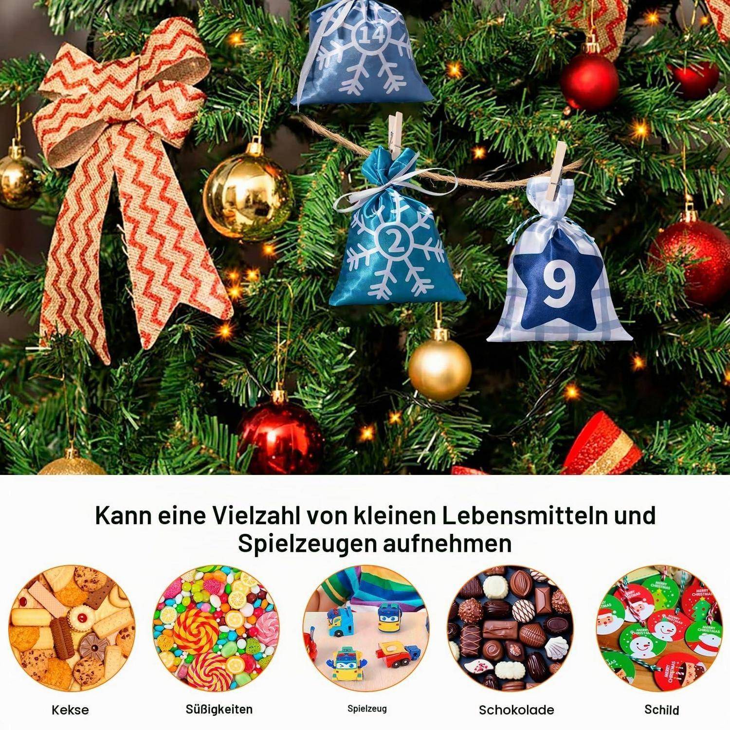 Weihnachtsbaum mit hängenden nummerierten Geschenktüten über einer deutschen Beschriftung und fünf beschrifteten Kreisen für Kekse, Süßigkeiten, Spielzeug, Schokolade und Schilder.