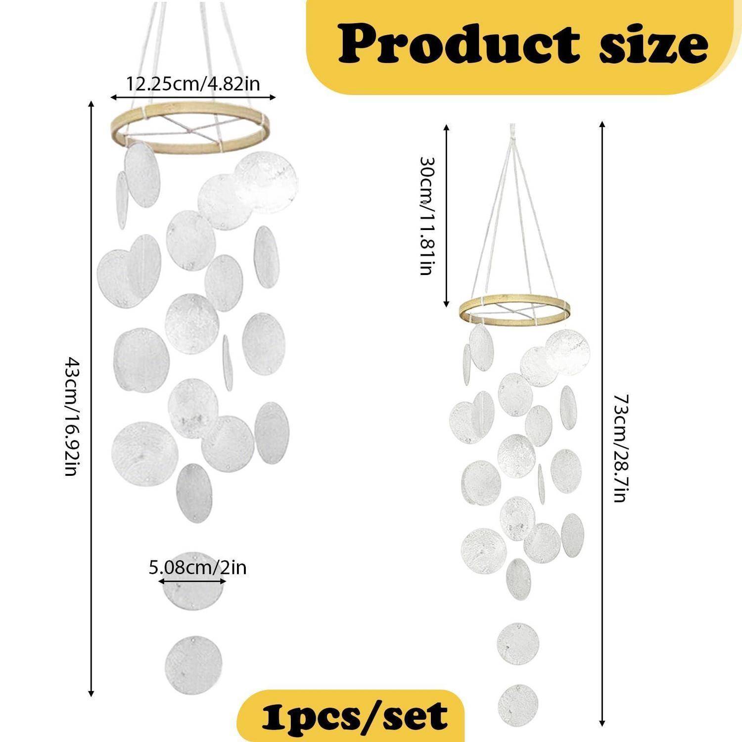 Produktgrößendiagramm für ein hängendes mobiles Windspiel: Ringdurchmesser 12,25 cm, Gesamtlänge 43 cm oder 73 cm, mit 5,08 cm Scheiben; 1 Stück pro Set.