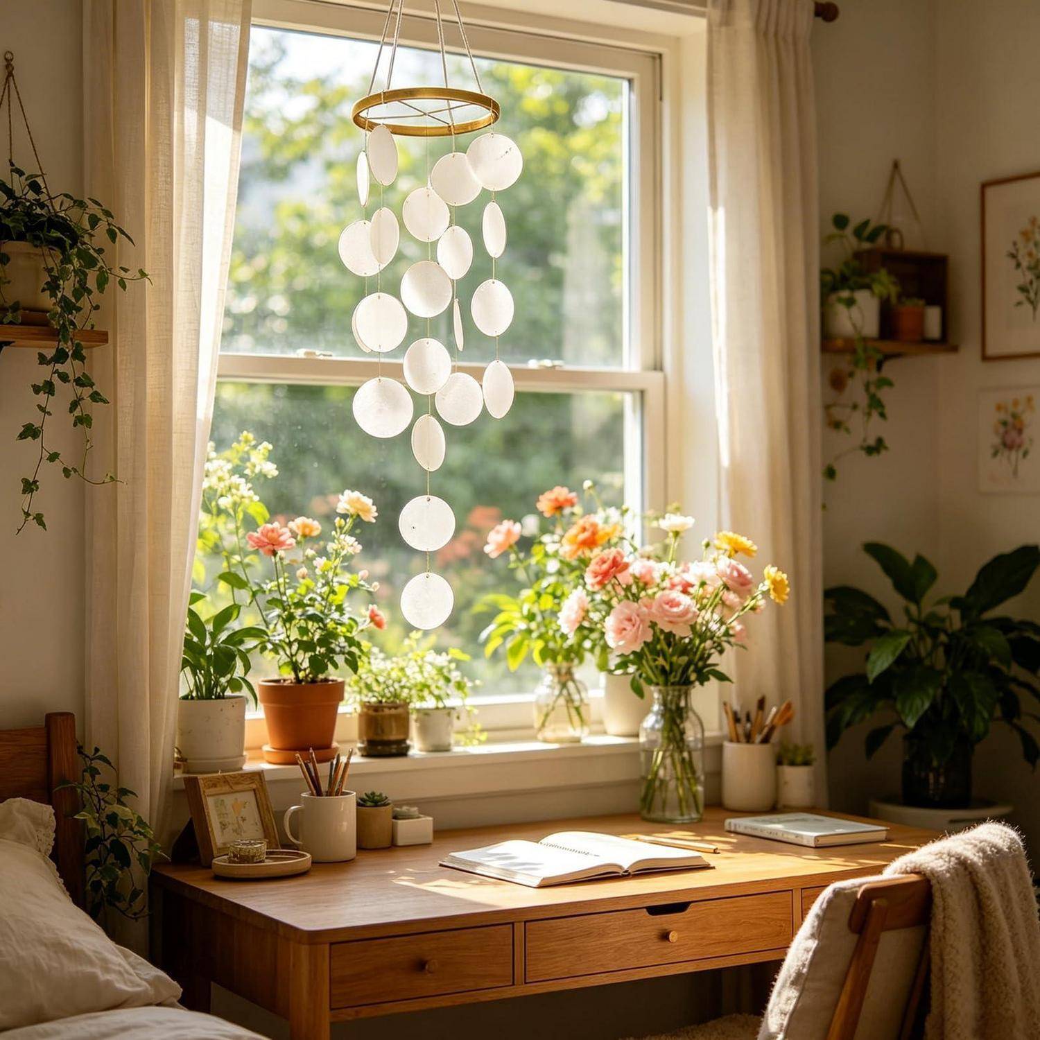 Sonnenbeschienener Homeoffice-Schreibtisch an einem Fenster mit hängendem Muschelspiel, getopften Blumen, aufgeschlagenem Buch und Pflanzen in einem gemütlichen Zimmer.