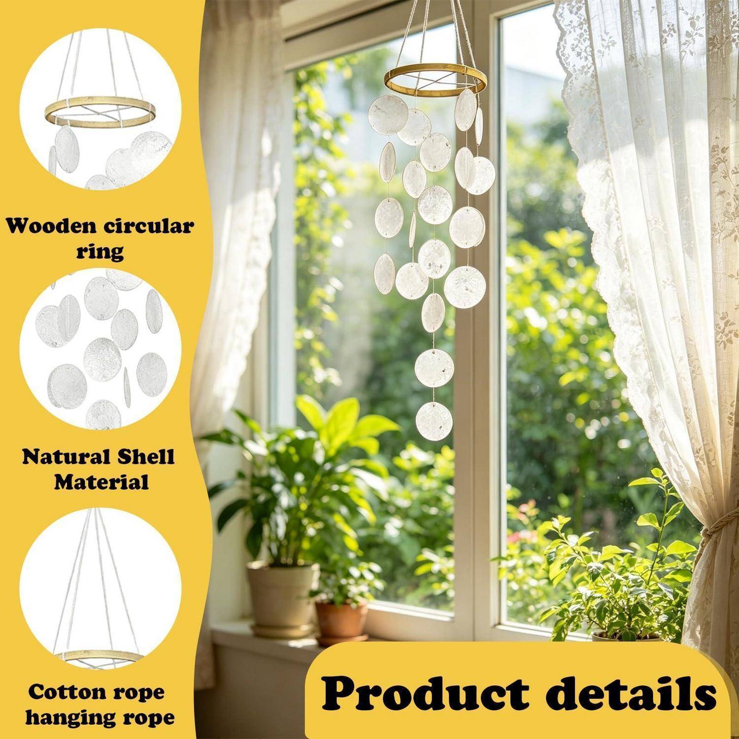 Makramee-Stil Hängeglockenspiel mit Muschelschalen mit einem hölzernen Kreisring, natürlichen Muschelscheiben und Baumwollseil, gezeigt bei einem sonnigen Fenster; der Text „Produktdetails" erscheint.