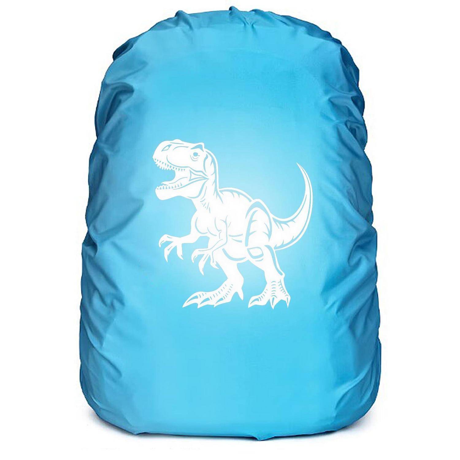 Blauer Rucksack oder eine Tasche mit einer weißen Dinosaurier-Grafik auf der Vorderseite, vor einem einfachen weißen Hintergrund dargestellt.