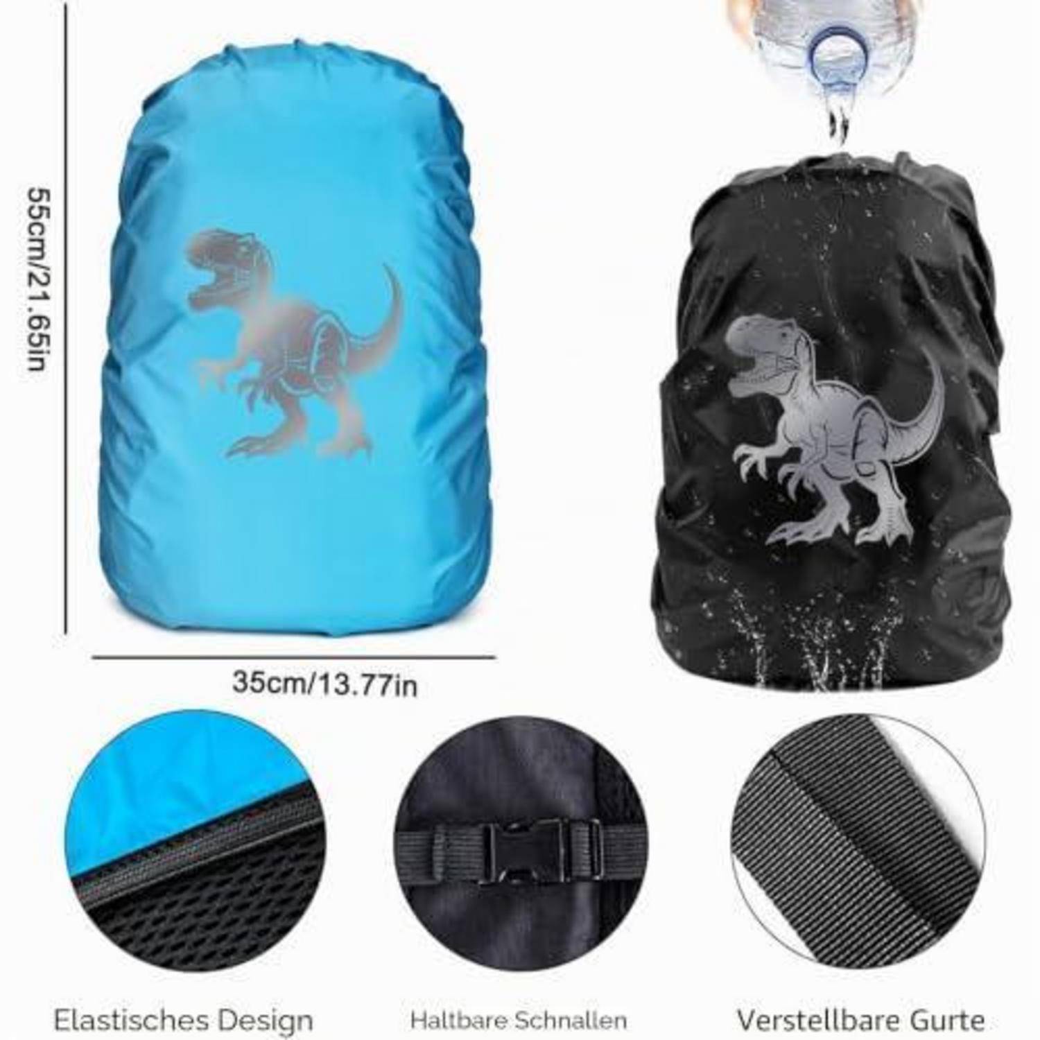 Produktbild einer wasserdichten Rucksack-Regenschutzhülle in Blau und Schwarz, mit Abmessungen von 55 cm x 35 cm und Nahaufnahmen der elastischen Kante, der Schnalle und der verstellbaren Riemen.