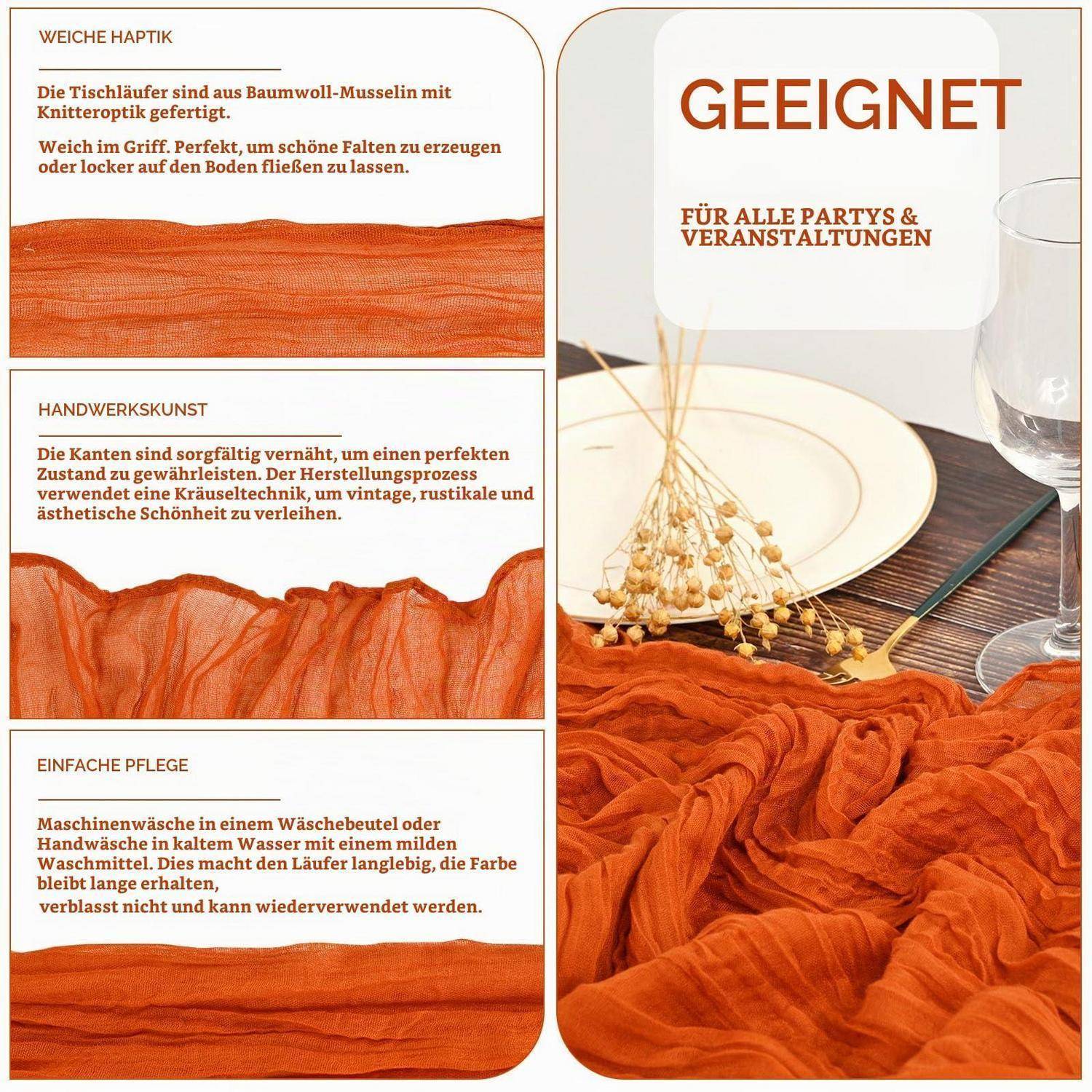 Werbebild von orangefarbenen Musselin-Tischläufern, das die weiche Textur, handgefertigte Kanten, pflegeleichte Eigenschaften und Eignung für Partys und Veranstaltungen hervorhebt.
