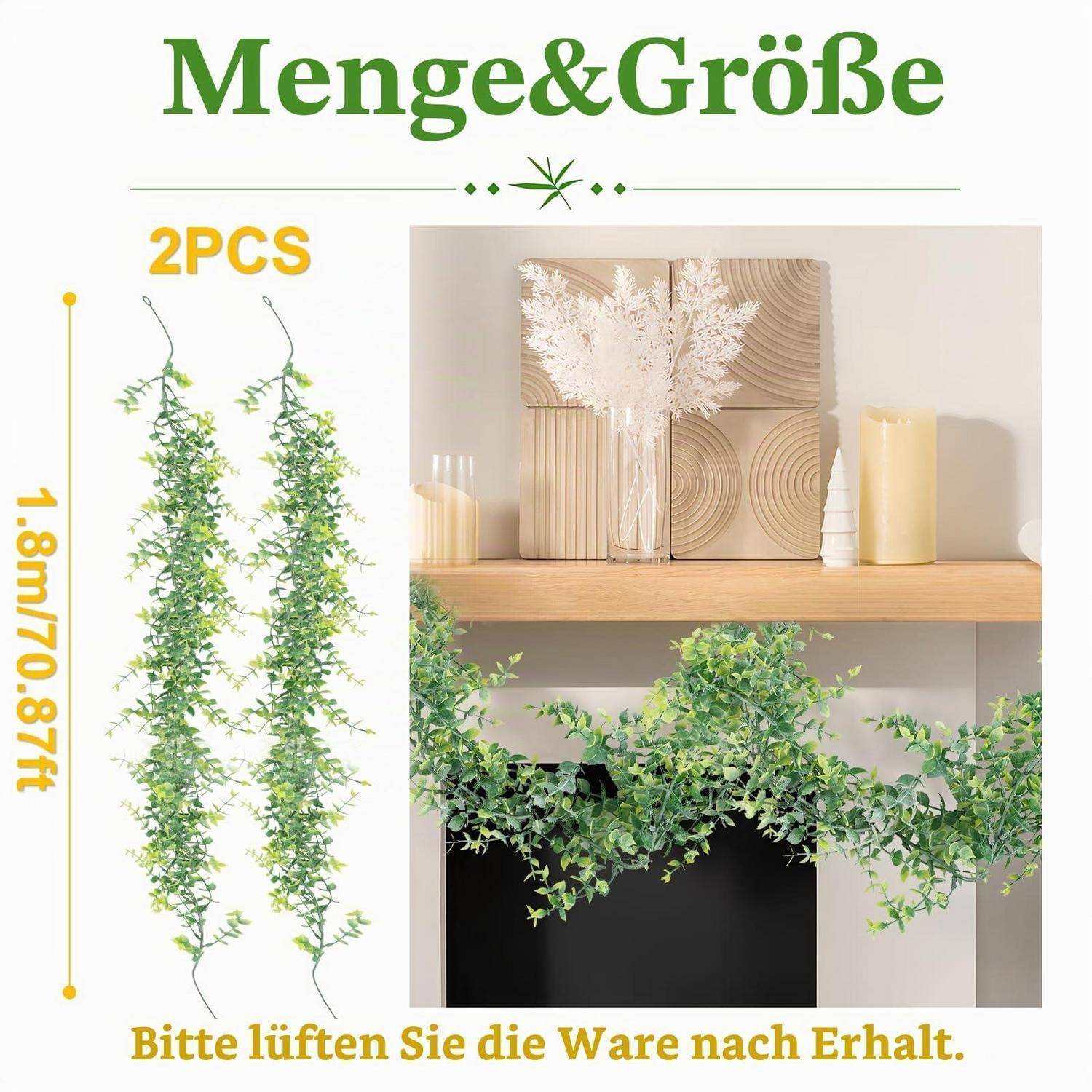 Produktgrößenbild zeigt 2 künstliche hängende grüne Ranken, 1,8 m/70,87 Zoll lang; Notiz besagt „Bitte lüften Sie die Ware nach Erhalt."