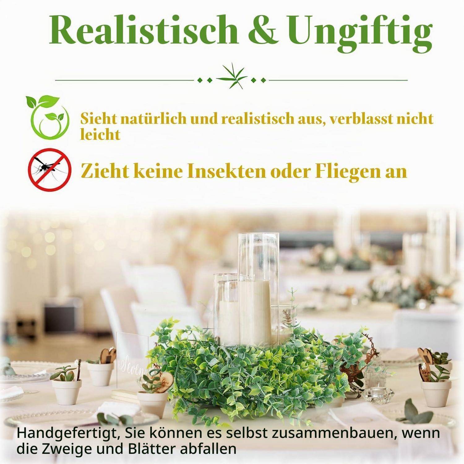 Deutsches Werbegrafik für künstliches Grün: „Realistisch & Ungiftig", sagt, dass es natürlich aussieht, nicht verblasst, zieht keine Insekten an und kann von Hand zusammengebaut werden.