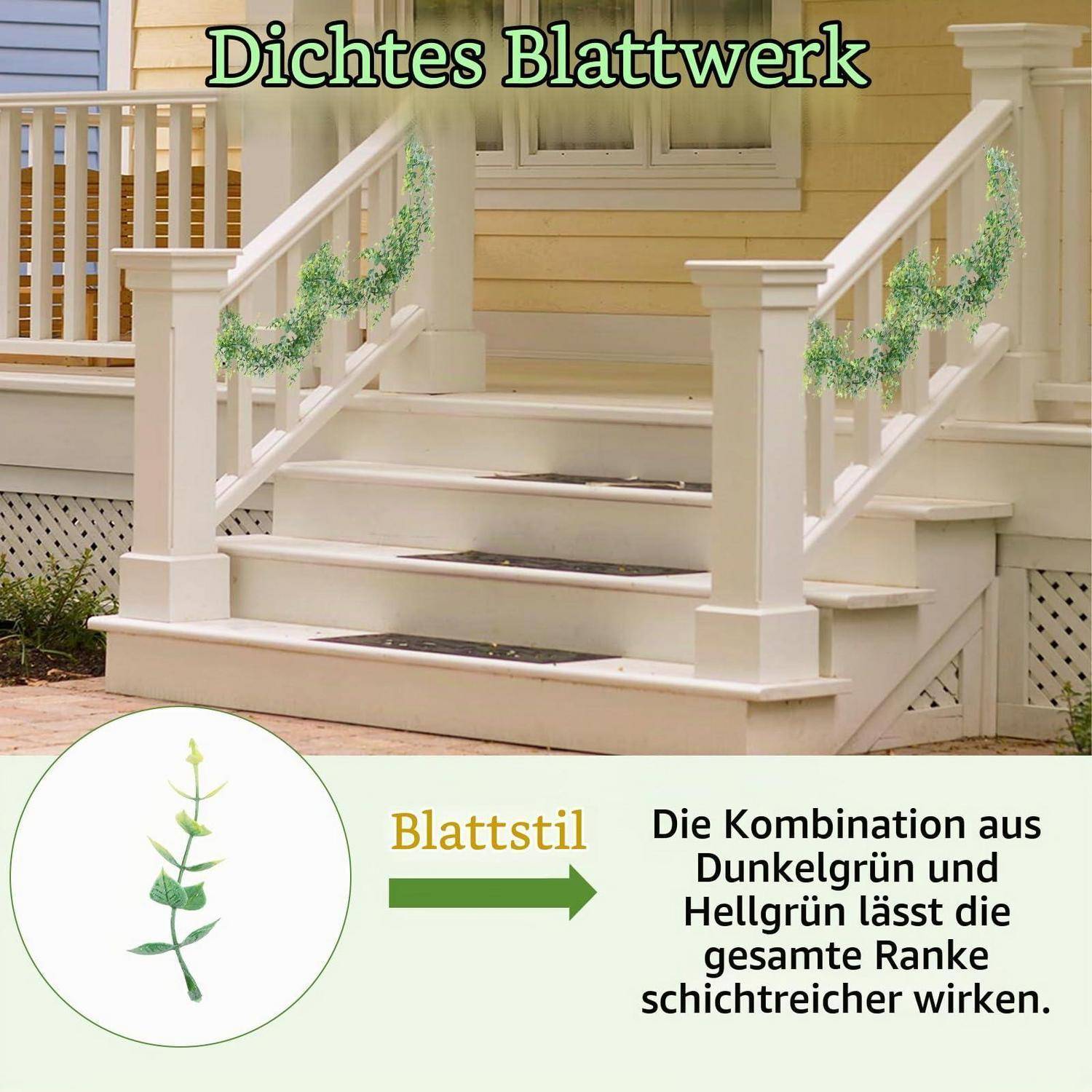 Diagramm mit dem Titel „Dichtes Blattwerk" zeigt ein Treppengeländer, das mit dicht grünen Weinblättern dekoriert ist; der Text vermerkt, dass dunkelgrüne und hellgrüne Farbtöne das Weinlaub voller wirken lassen.