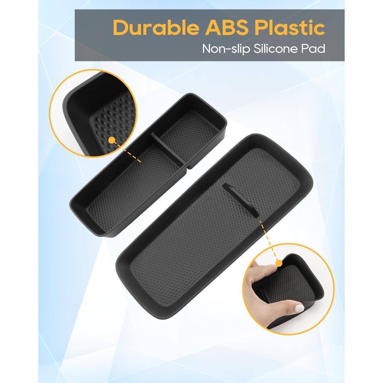 Werbebild eines schwarzen Auto-Armaturenbrett-Organizer-Tabletts mit rutschfestem Silikon-Pad, das Fächer und eine Detailansicht mit der Bezeichnung „Langlebiger ABS-Kunststoff" und „Rutschfestes Silikon-Pad"" zeigt.