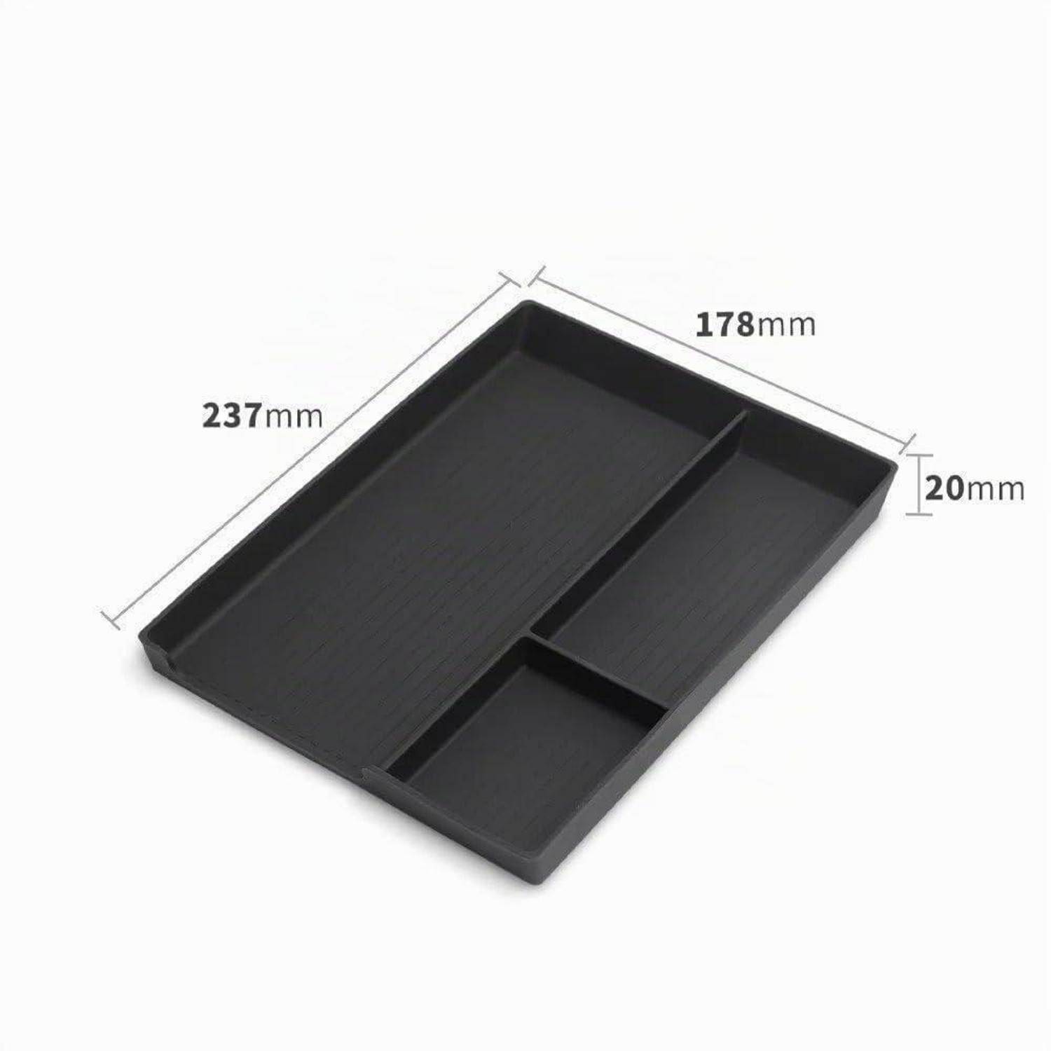 Schwarzes rechteckiges geteiltes Tablett mit drei Fächern, gezeigt mit Abmessungen 237 mm x 178 mm x 20 mm.