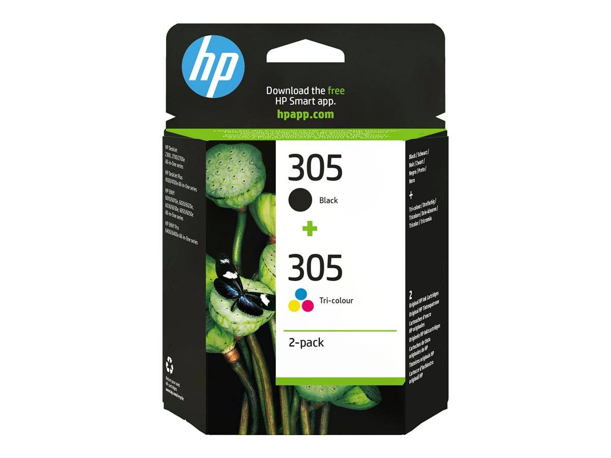 HP 305 Tintenpatrone 2er-Pack Verpackung, schwarze und dreifarbige Patronen mit dem Text „Laden Sie die kostenlose HP Smart-App herunter