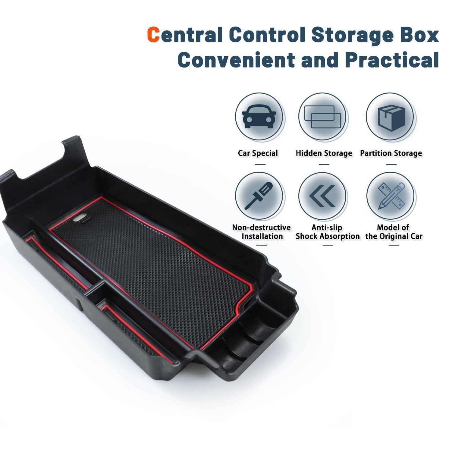Werbebild einer Autokonsolen-Aufbewahrungsbox mit Fächern, beschriftet mit „Central Control Storage Box Convenient and Practical" (Zentrale Kontroll-Aufbewahrungsbox Bequem und Praktisch), das Auto-Spezial, versteckte Lagerung, Trennlagerung, zerstörungsfreie Installation, Rutschfestigkeit und Stoßdämpfung sowie perfekte Passung für das Originalfahrzeugmodell zeigt.