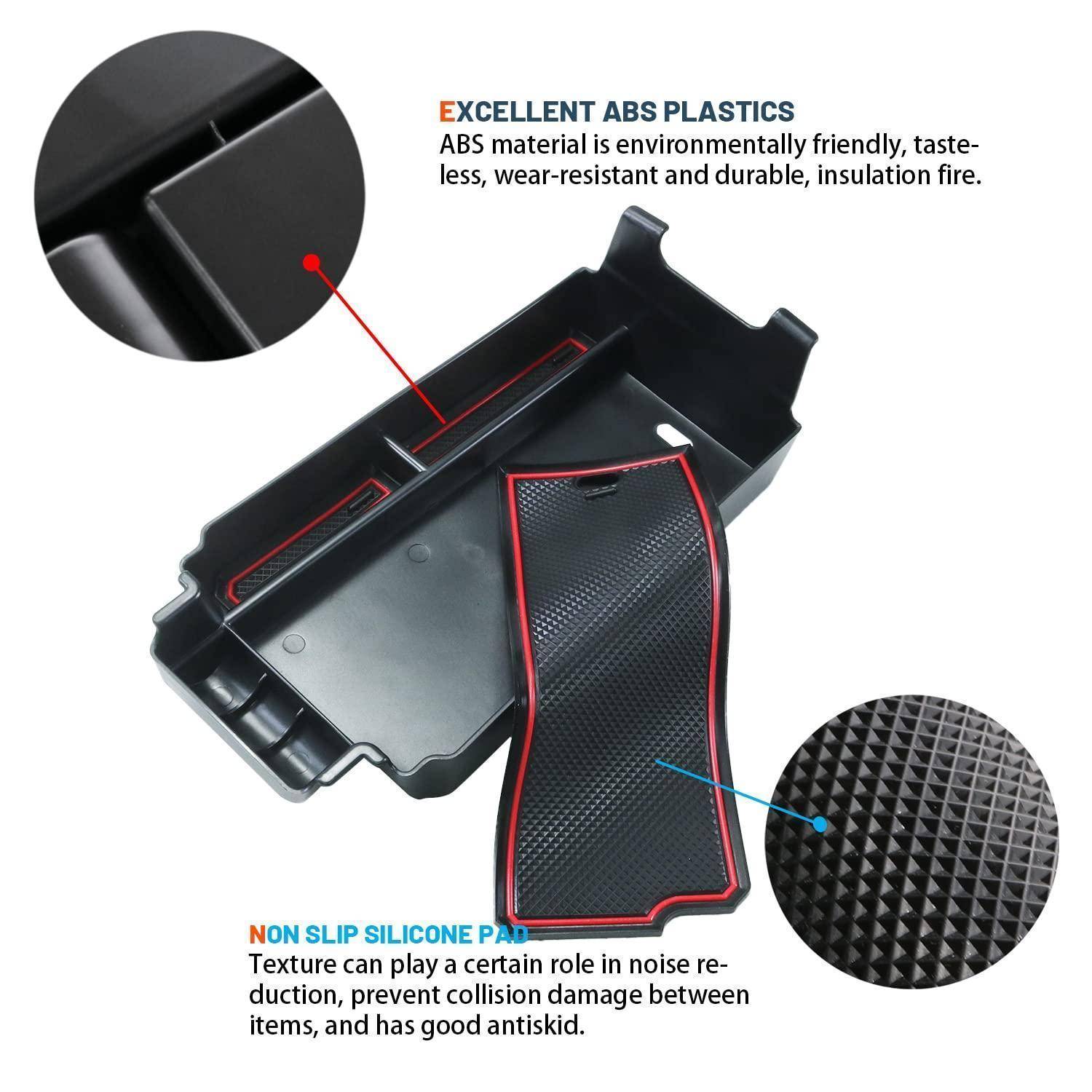 Produktfach-Einsatz aus ABS-Kunststoff und rutschfestem Silikonpad mit Beschriftungen, die das langlebige, verschleißfeste Material und die strukturierte Rutschhemmoberfläche hervorheben.