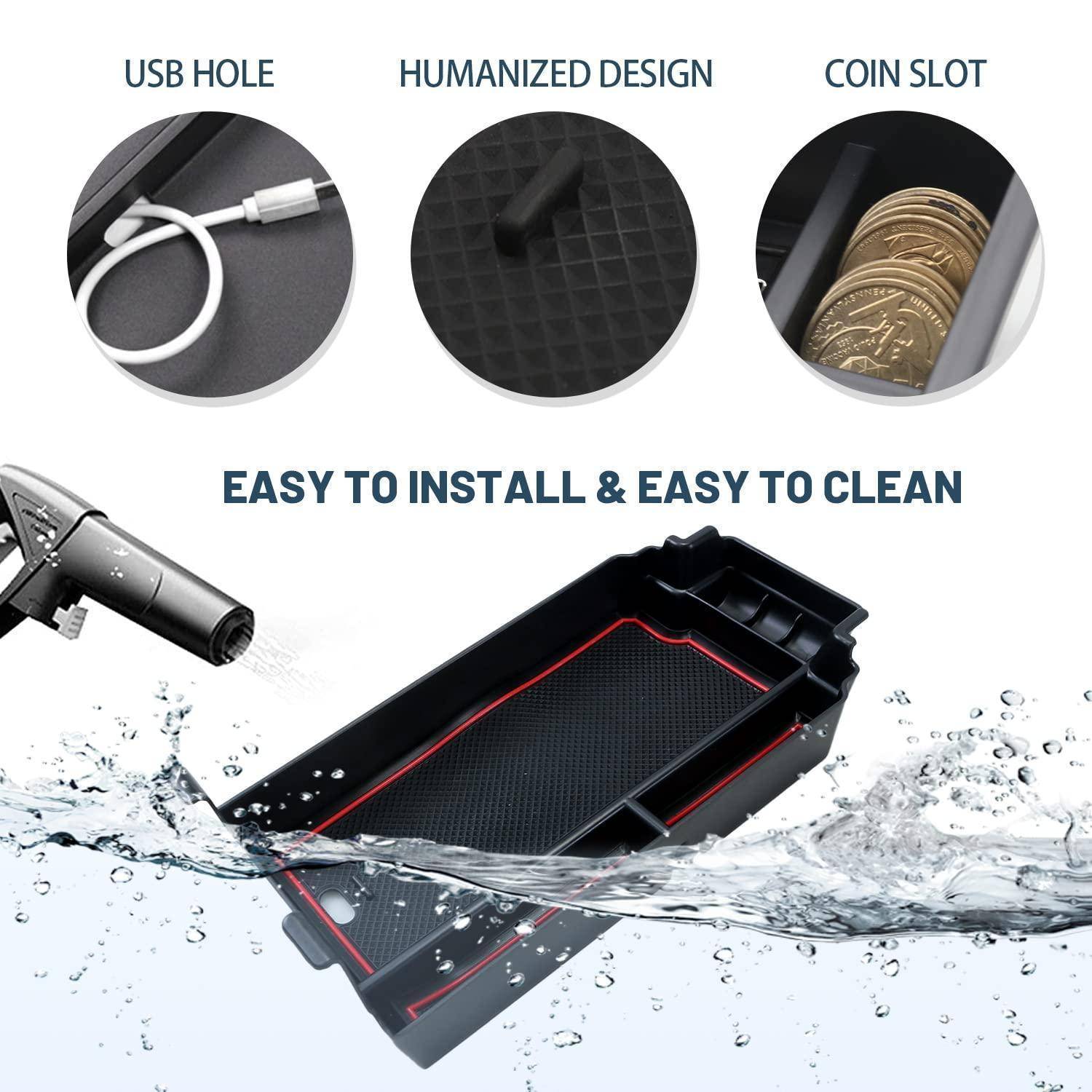 Werbebild eines wasserdichten Mittelkonsolen-Tabletts für Autos mit USB-Loch, menschengerechtem Design und Münzschlitz, dargestellt als einfach zu installieren und zu reinigen.