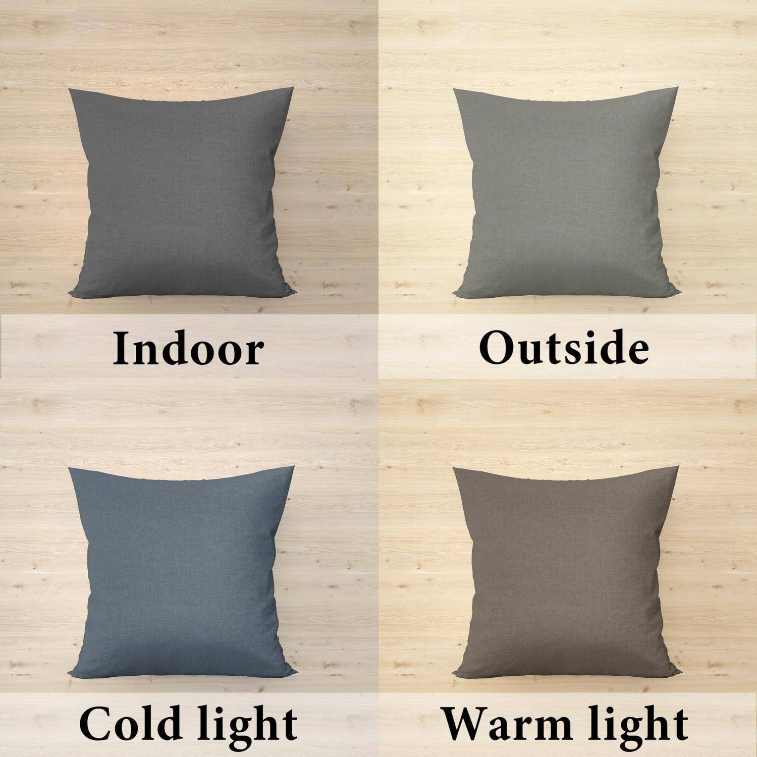 Vier Kissenbilder, die Stofffarbe unter Innen-, Außen-, Kaltlicht- und Warmlichtbedingungen vergleichen.