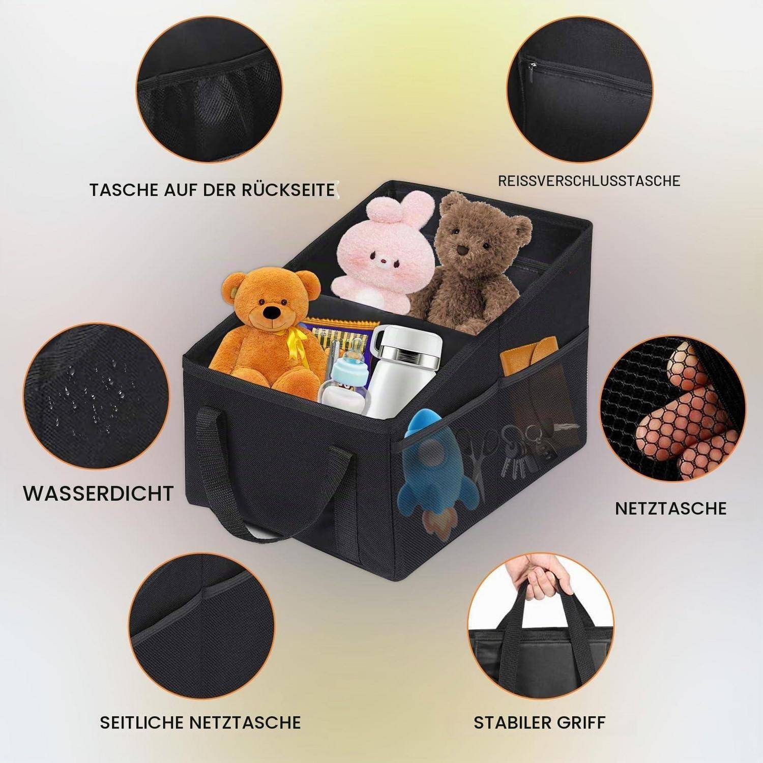 Produktbild einer schwarzen Aufbewahrungsbox mit Kuscheltieren und Flaschen, wobei folgende Merkmale hervorgehoben werden: Rückentasche, Reißverschlusstasche, wasserdichtes Material, seitliche Netztasche und robuste Griffe.