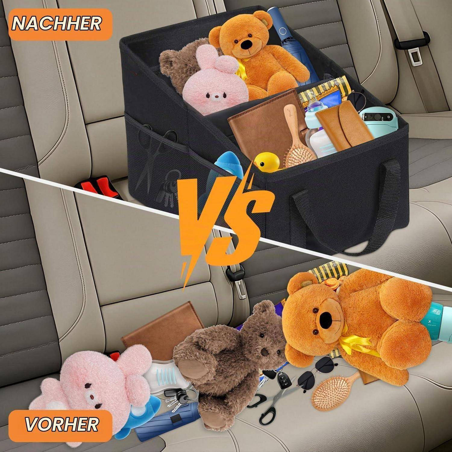 Vorher-und-Nachher-Bild einer Autositzorganizer: Das 