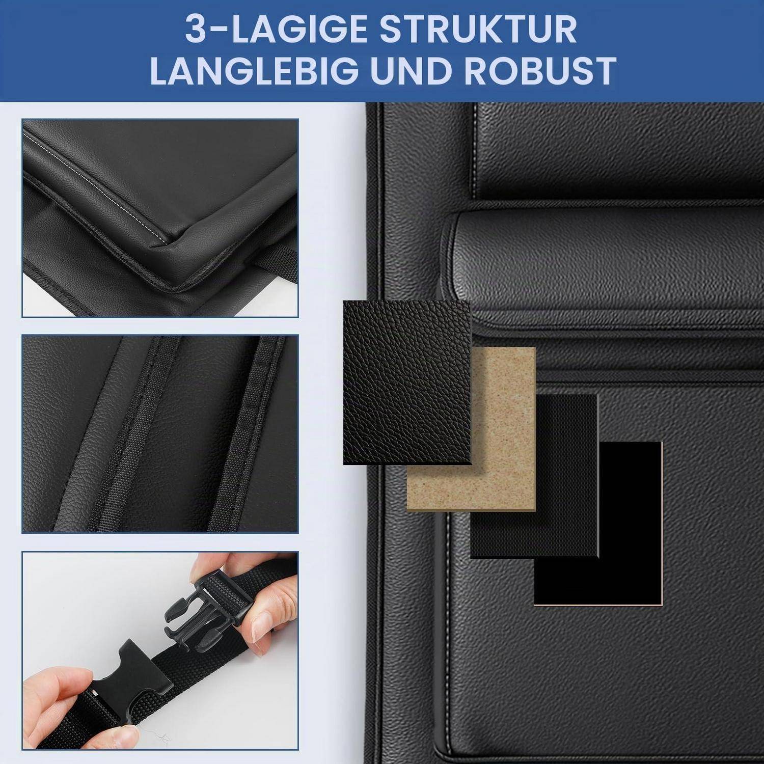Werbegrafik eines schwarzen lederähnlichen Produkts mit einer 3-lagigen Struktur, Langlebigkeit, genähten Nähten und einem verstellbaren Schnallengurt, beschriftet mit „3-LAGIGE STRUKTUR LANGLEBIG UND ROBUST".