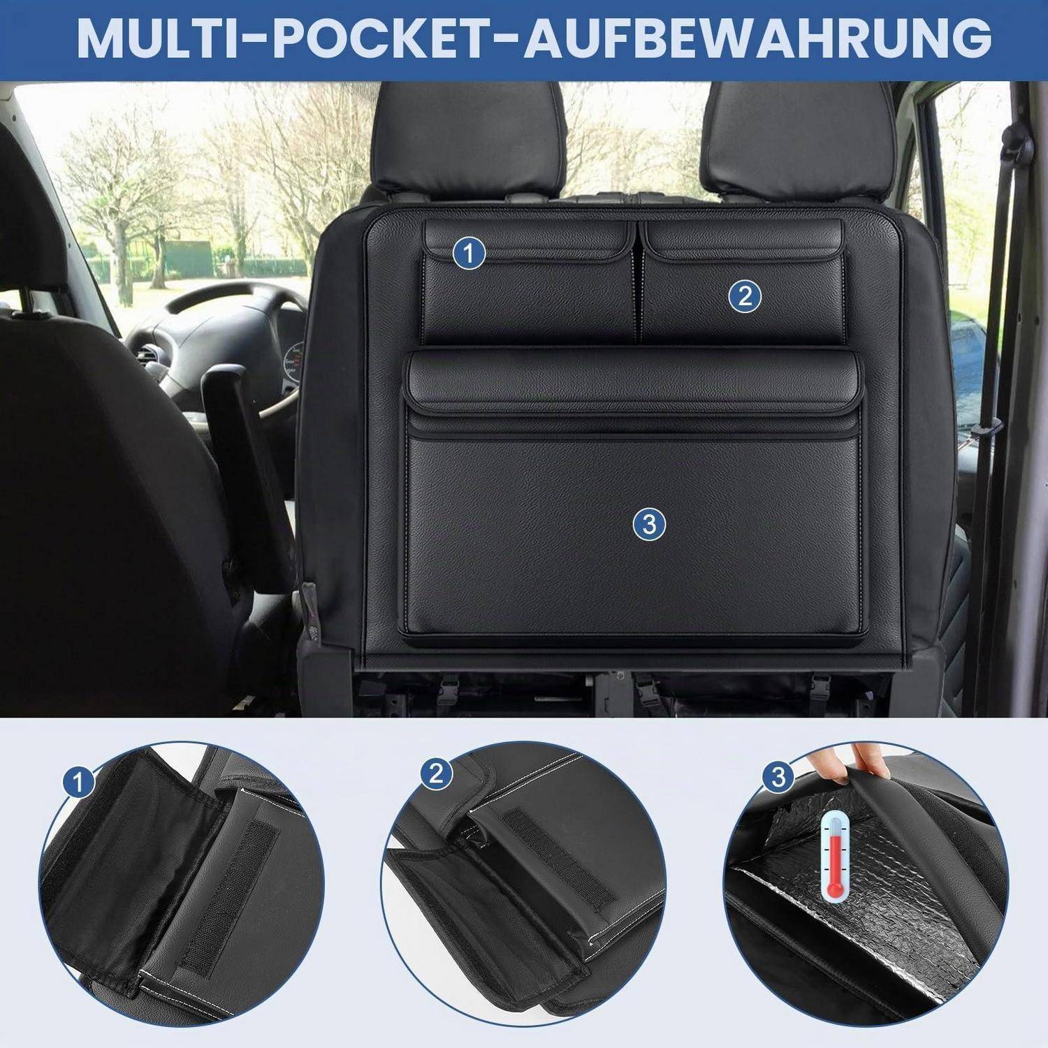 Organizer für die Rückseite des Autositzes mit mehreren Taschen, gezeigt in einem Auto und in Nahaufnahmekreisen, die die Taschen und die isolierende Auskleidung hervorheben.