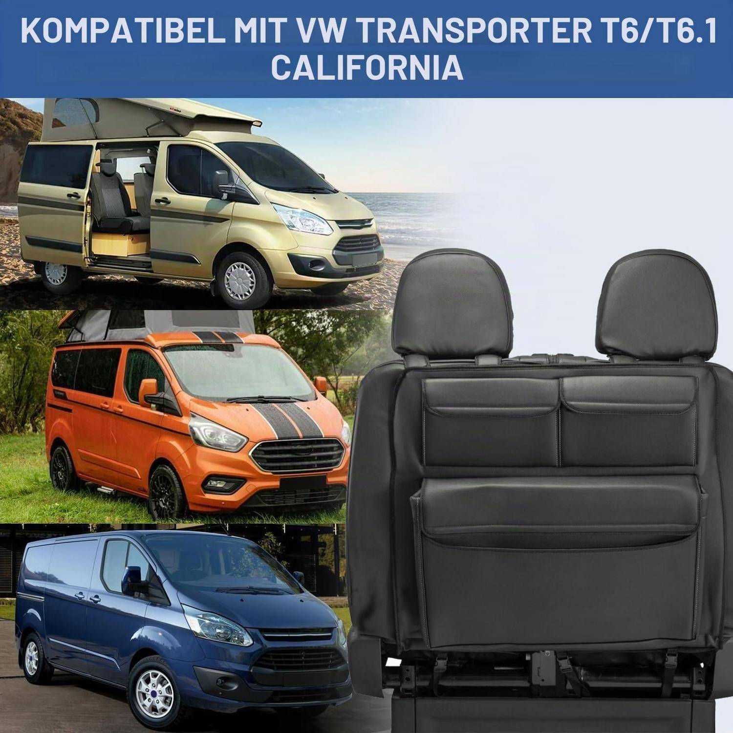 Autositzbezug gezeigt mit Volkswagen Transporter T6/T6.1 California Kompatibilität, zusammen mit drei Transporter-Bildern in verschiedenen Farben.