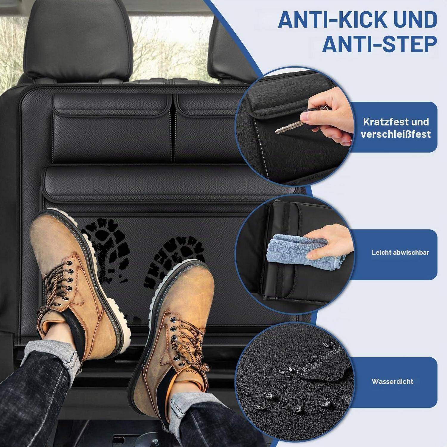 Autositzschutz wird mit schlammigen Stiefeln gezeigt, die dagegen treten; Beschriftungen kennzeichnen rutschfeste, kratzfest, leicht zu reinigen und wasserdicht Funktionen.