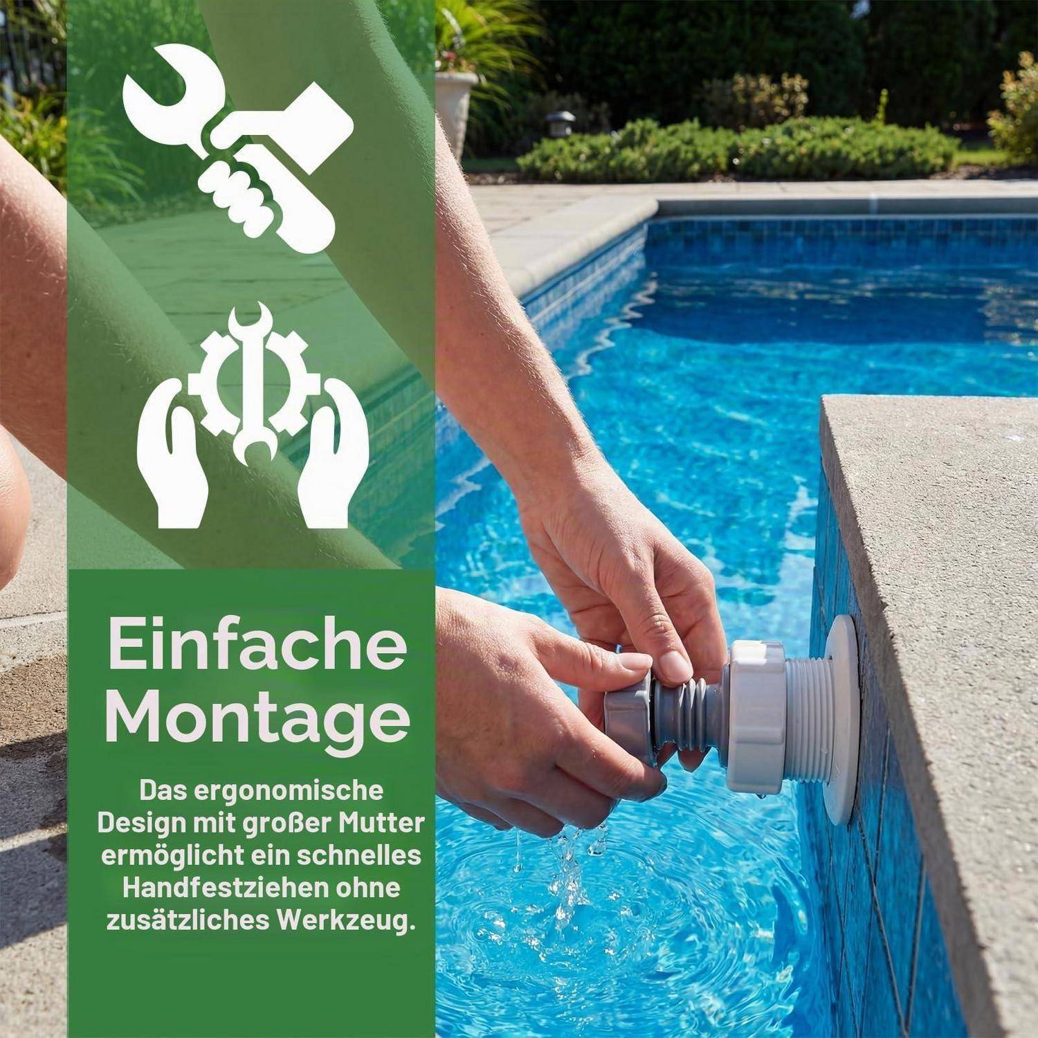 Hände installieren eine Poolarmatur am Poolrand; deutscher Text besagt „Einfache Montage