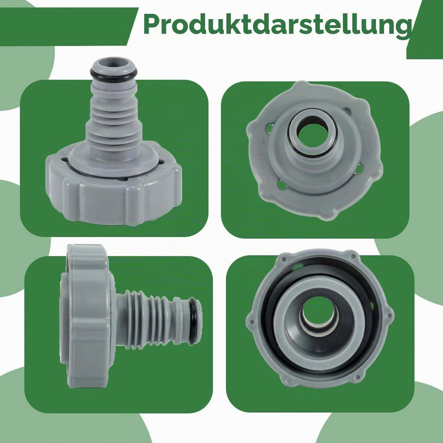 Produktanzeige mit einem grauen Kunststoffschlauchverbinder in vier Ansichten: Seiten-, Ober- und Frontalansichten auf grünen Paneelen.