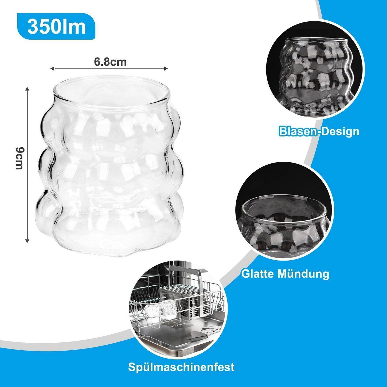 Produktbild eines durchsichtigen Glastumblers mit 350 ml Fassungsvermögen, 9 cm hoch und 6,8 cm breit, mit Blasendesign, glatter Kante und spülmaschinenfest, dargestellt mit Nahaufnahmedetails.