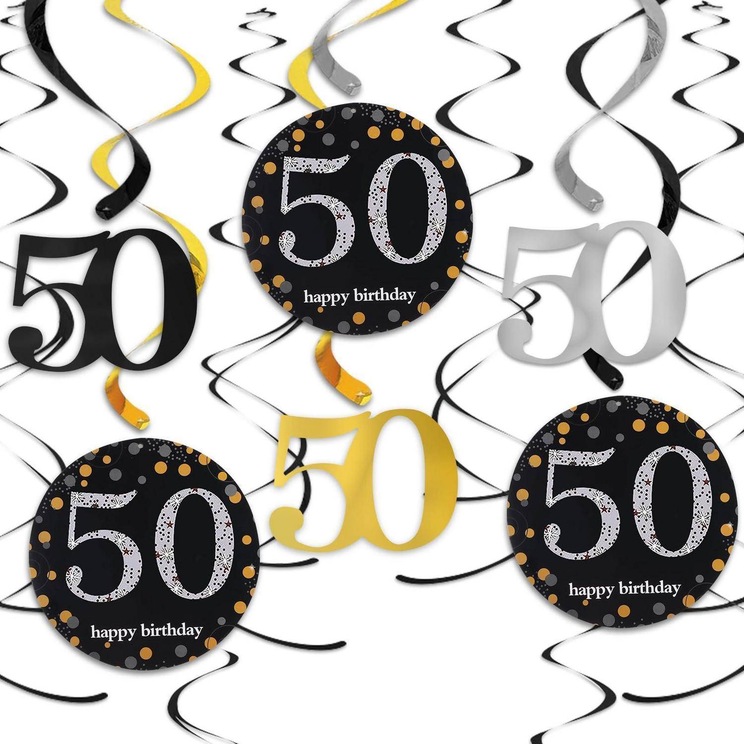 Sortierte schwarze, goldene und silberne Dekorationen zur 50. Geburtstagsfeier mit kreisförmigen „50 happy birthday