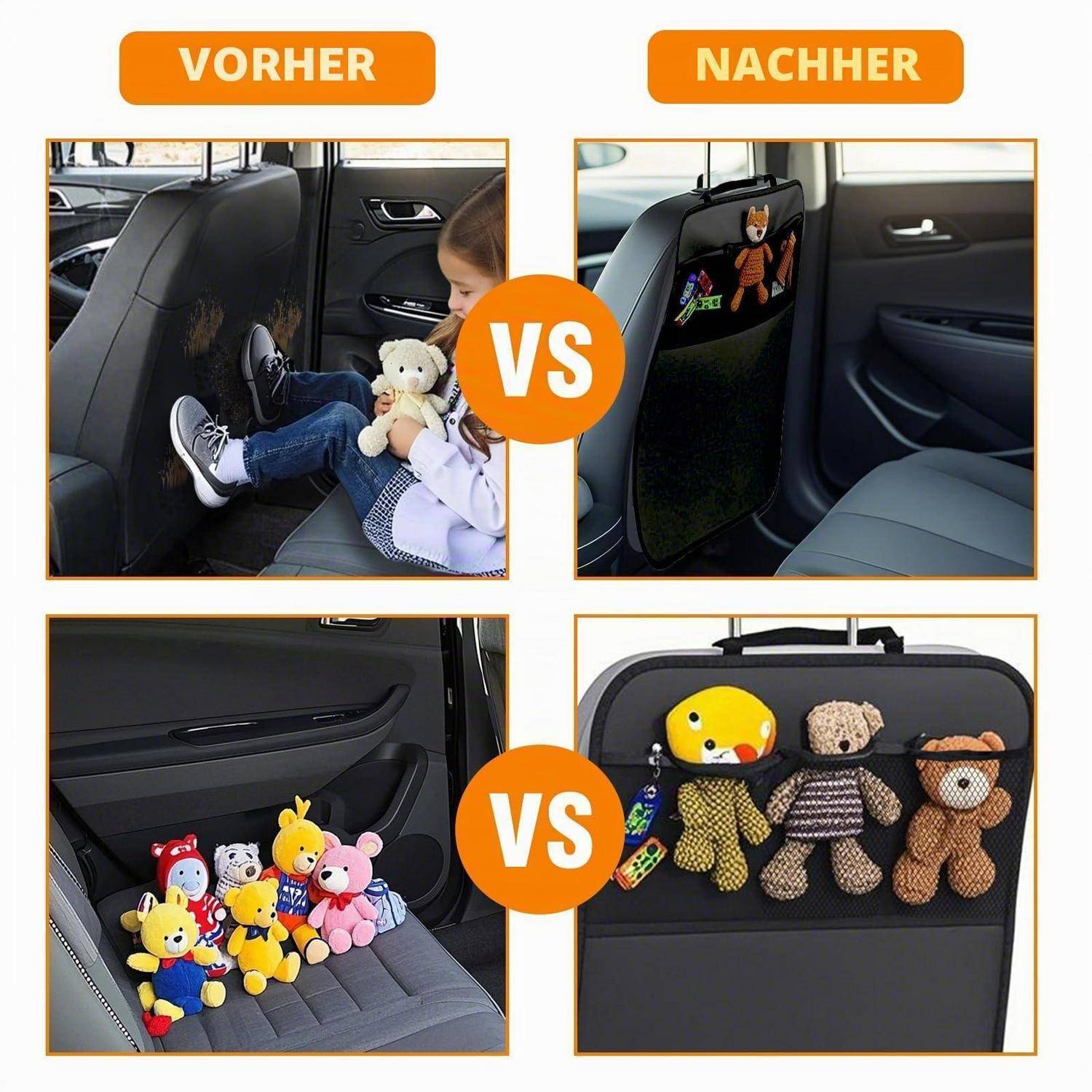 Vorher-und-Nachher-Vergleich der Autositzsicherheit, der zeigt, wie die Füße eines Kindes den vorderen Sitz berühren, im Vergleich zu einem rückwärtsgerichteten Sitzbeschützer und einem Spielzeugorganizer im Auto.