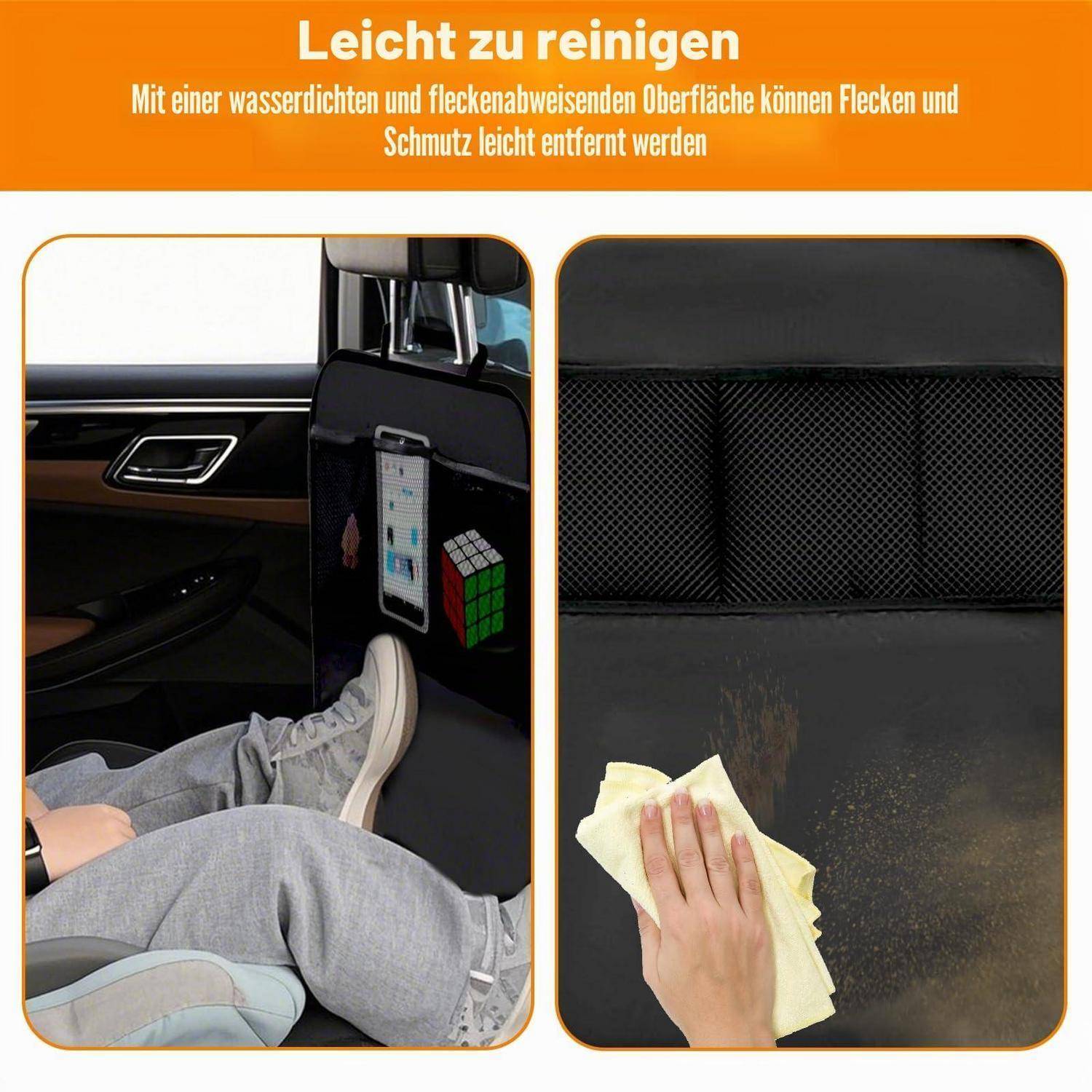Anzeige zeigt einen leicht zu reinigenden Autositzschutz; eine Hand wischt Verschüttetes und Schmutz von einer wasserdichten, fleckenresistenten Oberfläche ab.