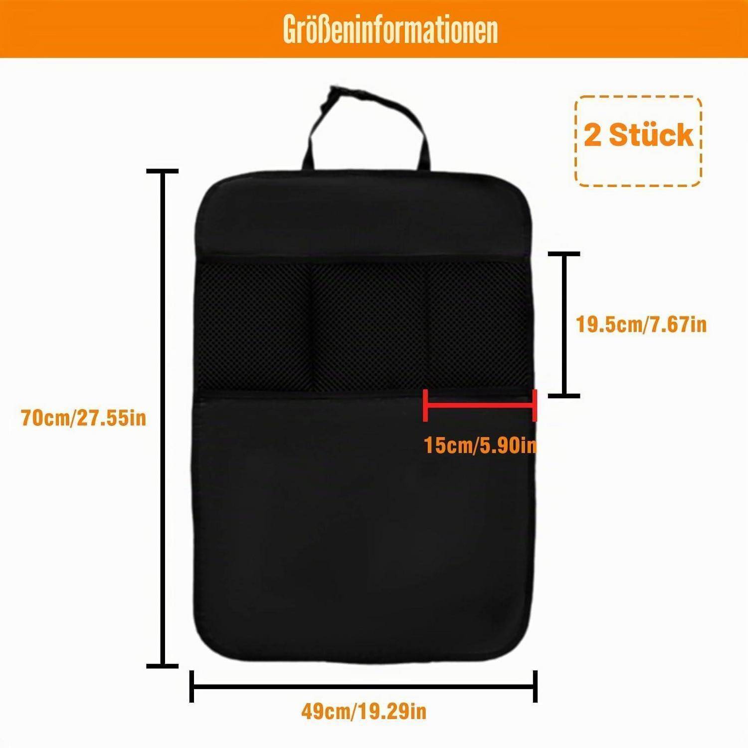 Größentabelle für eine schwarze Hänge-Organizer-Tasche: 70 cm hoch, 49 cm breit, 19,5 cm hoher oberer Bereich, 15 cm Taschentiefe; Etikett zeigt "2 Stück"".