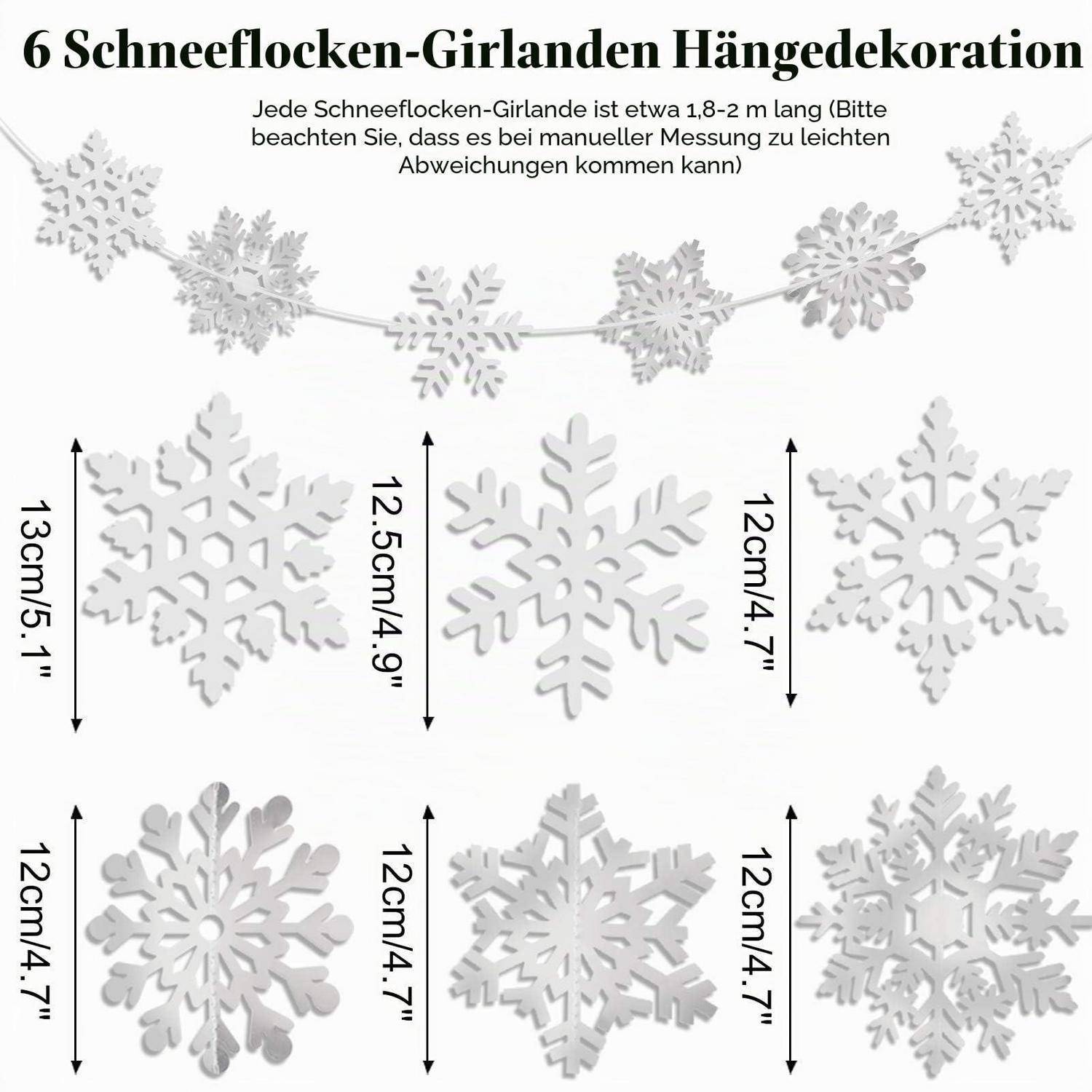 Produktgrafik von 6 Schneeflockengirlanden; zeigt sechs Schneeflockendesigns, die an einer Schnur verbunden sind, mit Größenmessungen von etwa 12 cm bis 13 cm.