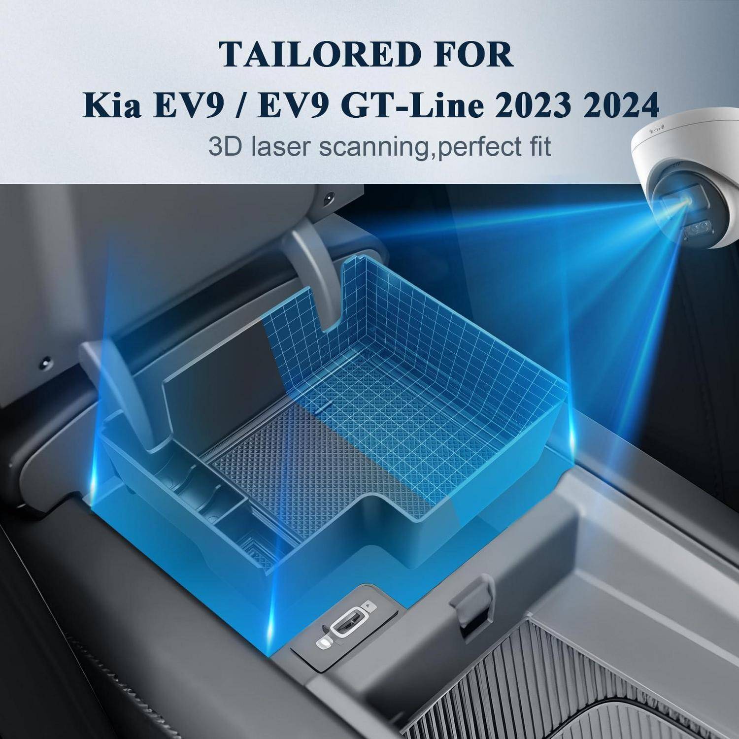Werbegrafik zeigt eine maßgefertigte Kia EV9 Kofferraum-Schutzliner, der 3D-Lasergescannt wird, mit Text „Maßgeschneidert für Kia EV9 / EV9 GT-Line 2023 2024