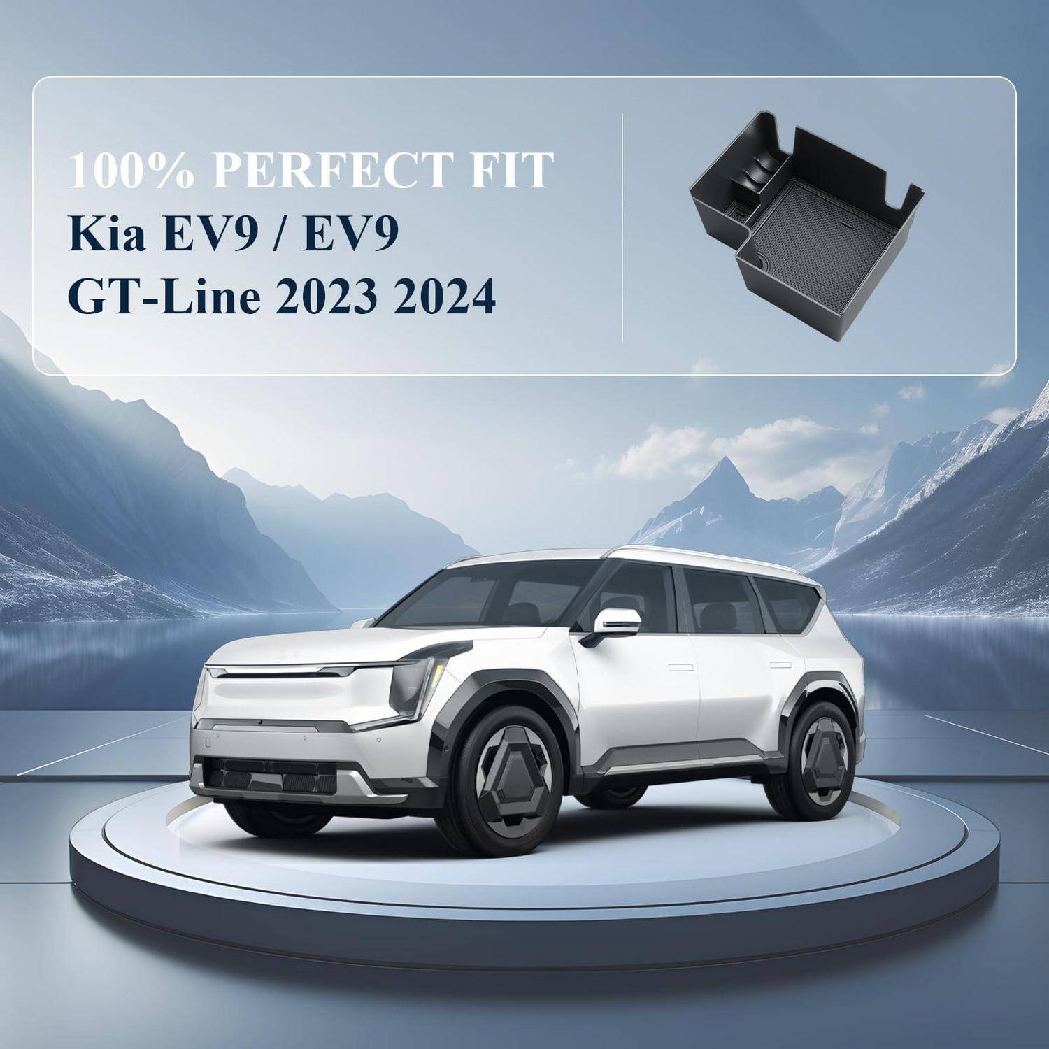 Werbegrafiksammlung für das Kia EV9/EV9 GT-Line 2023-2024 Zubehör, das einen weißen SUV und eine passende Aufbewahrungseinlage mit der Aufschrift „100% PERFEKTE PASSFORM